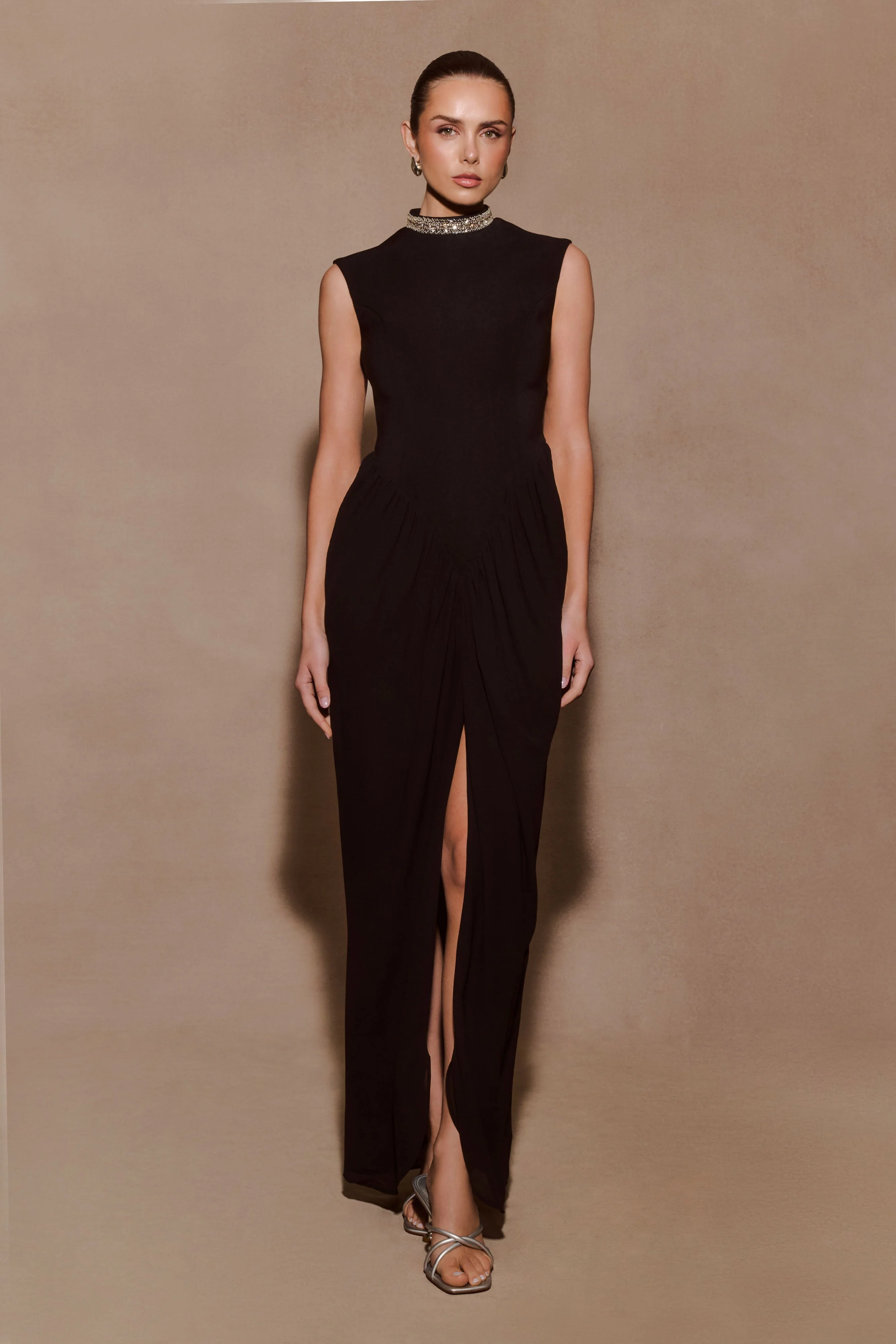 Elisa Diamante Neck Maxi Dress - Black