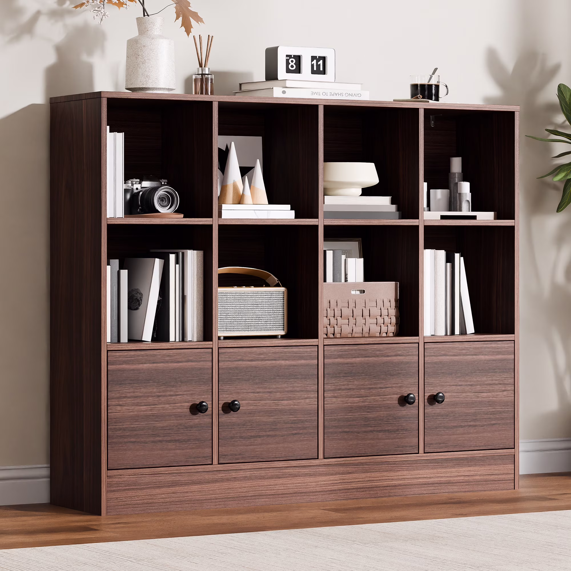 3-Tier Open Cube Bookcase with 12 Cubes and 4 Doors, Adjustable Shelves, White(White) - Image 5