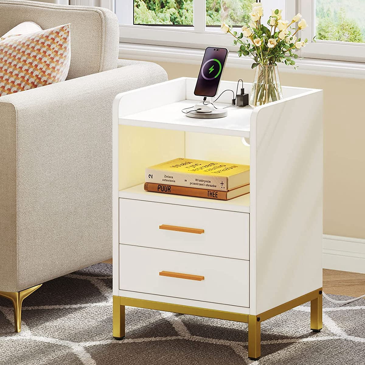 DEXTRUS Side Table with Charging Station, 3 Drawer LED Light Bedside End Table Nightstand for Bedroom Living Room Small Space, White(Black) Image 3