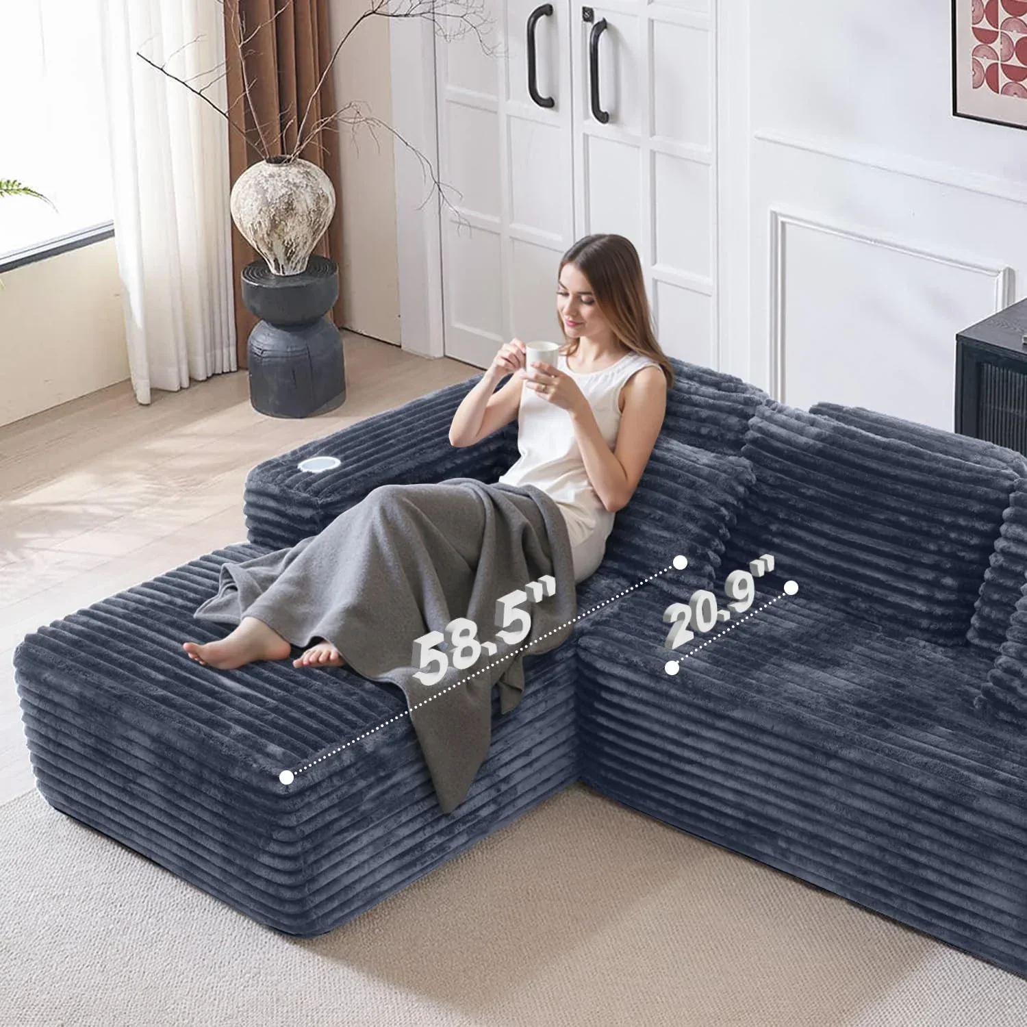 Canapé d'angle Cloud avec fauteuil inclinable en L et porte-gobelet intégré