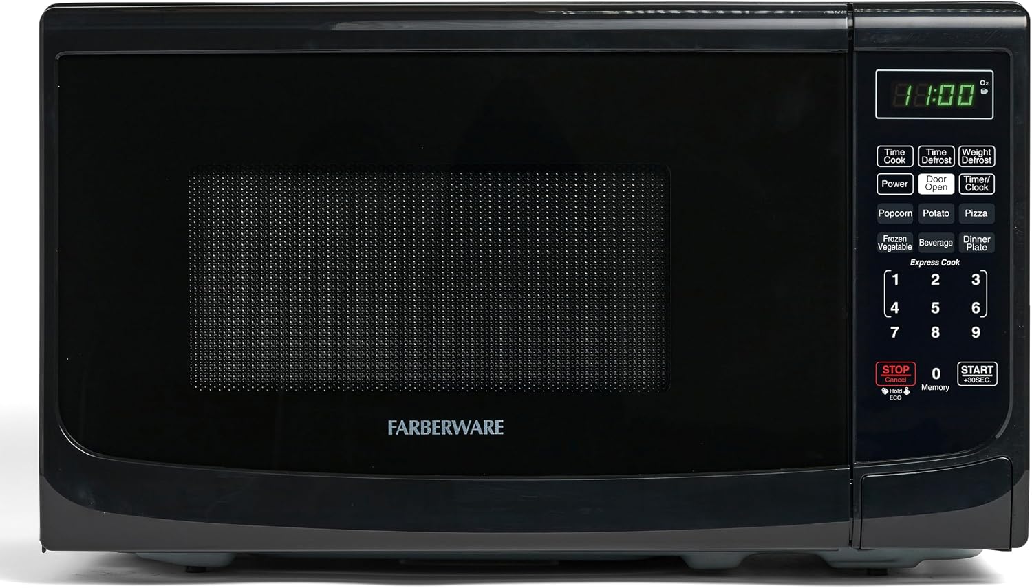 Farberware 0.7 CuCountertop Microwave Oven – 700 Watts Power, Auto Cook Settings, Defrost, Easy Clean and Child Safety Lock - Black