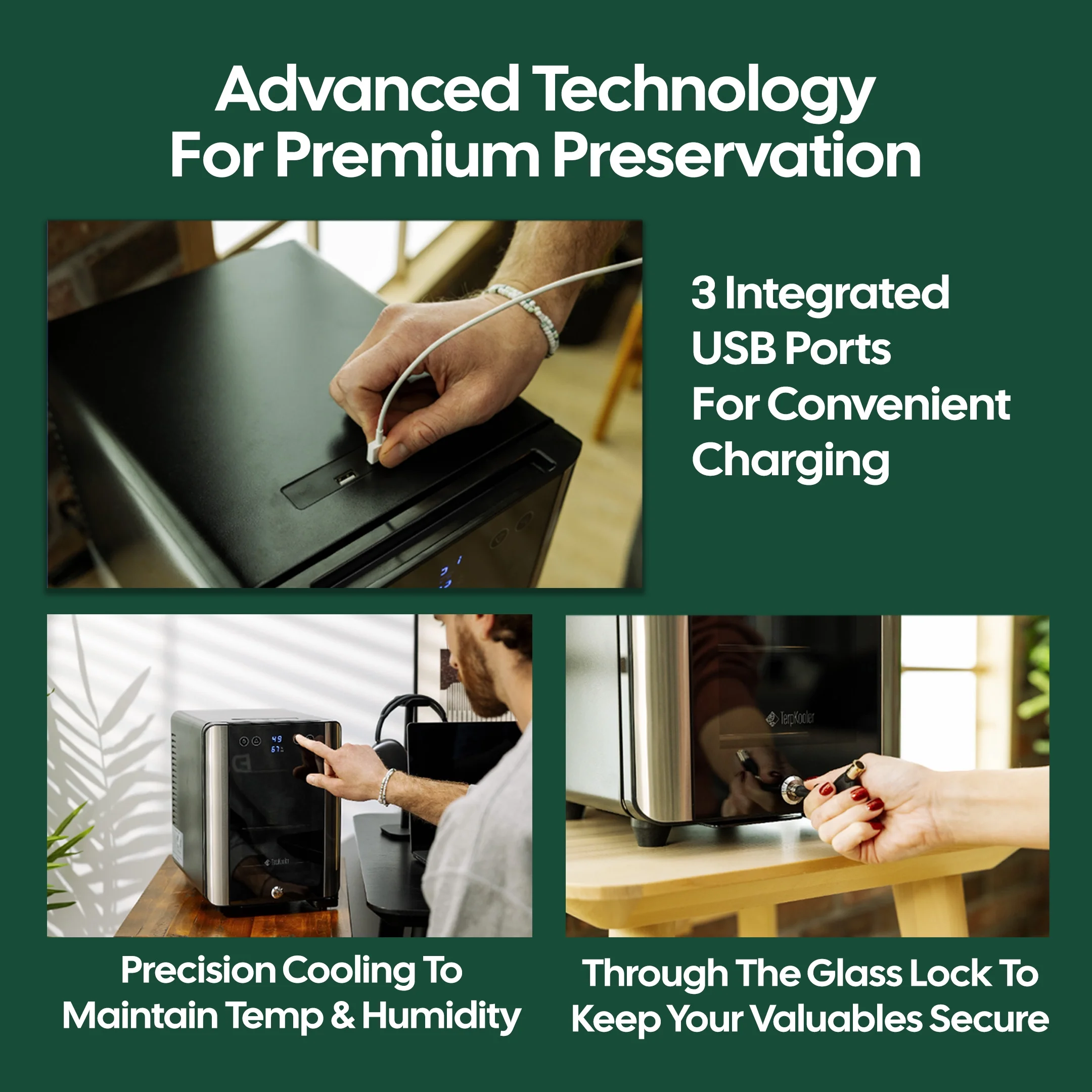 Mini Fridge with Temp Humidity Control, 3 USB Ports, Smoked Glass Shelves, Lockable UV Glass Door for Cosmetics, Skin Care, Medicine, Herbs, and More - Image 3