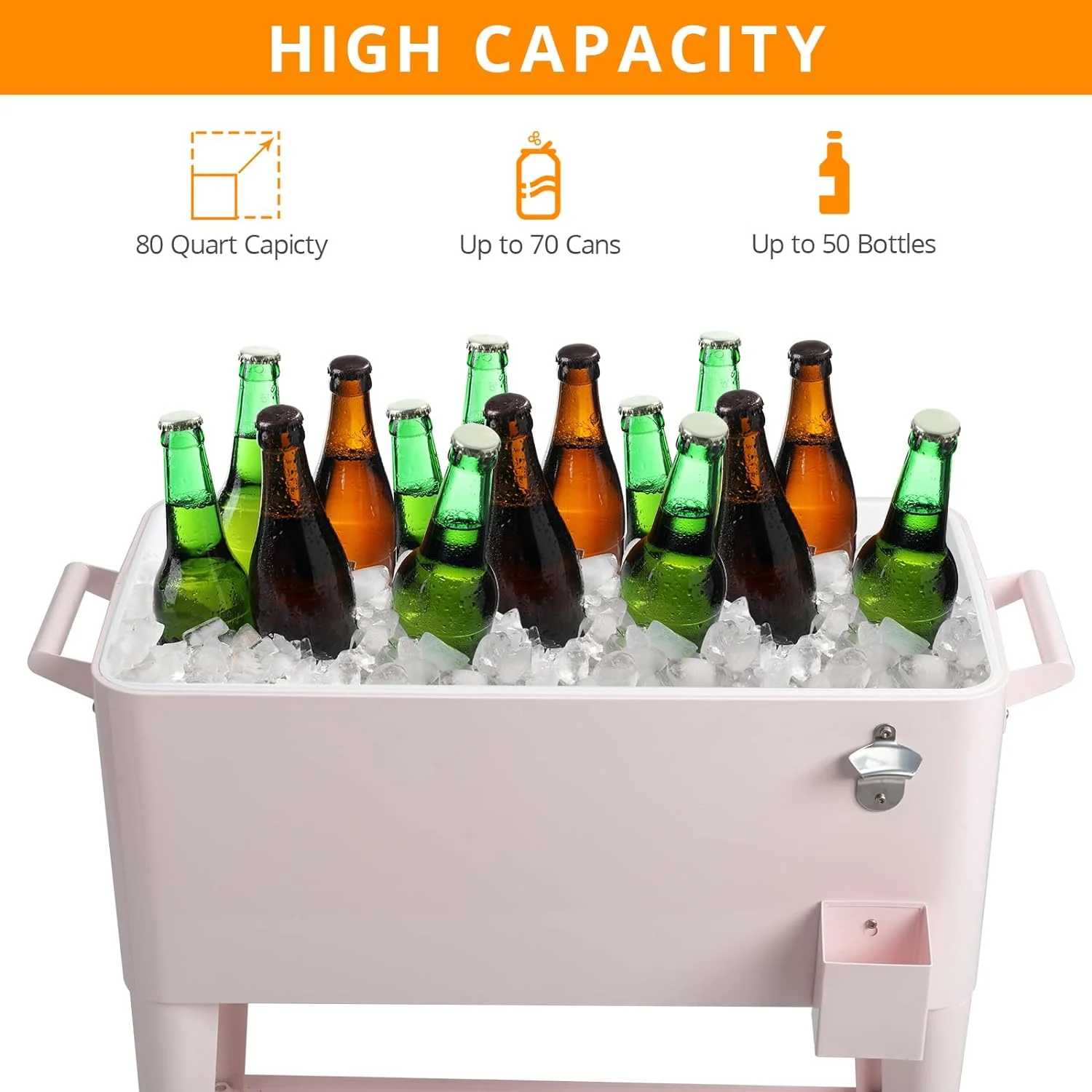80 Quart Rolling Ice Chest, Portable Bar Drink Cooler with Catch Basin, Bottom Storage Tray and Bottle Opener for Patio Party BBQ Beach Activities(Pink) - Image 5