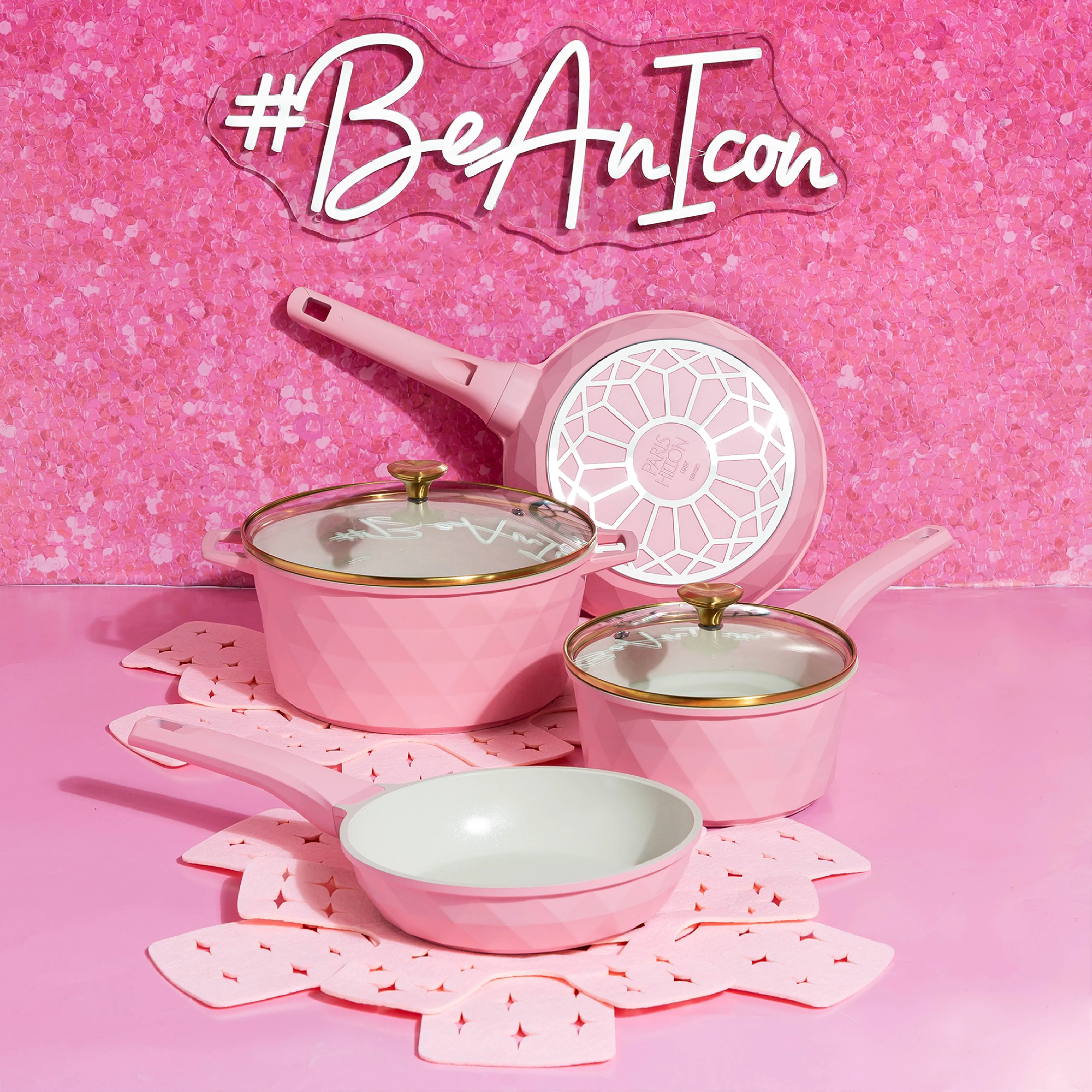 10 Piece Ceramic Nonstick Cast Aluminum Cookware Set, Clean Ceramic? Coating, Faceted Pink Design(Pink) Image 10