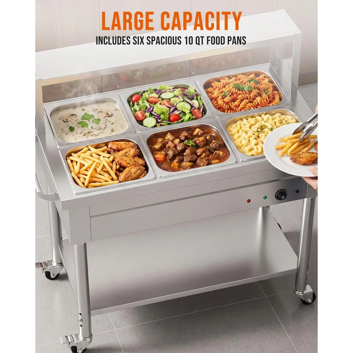 AECOJOY Commercial Food Warmer 1500W Electric Steam Table with 6x10QT Pans & Shelf