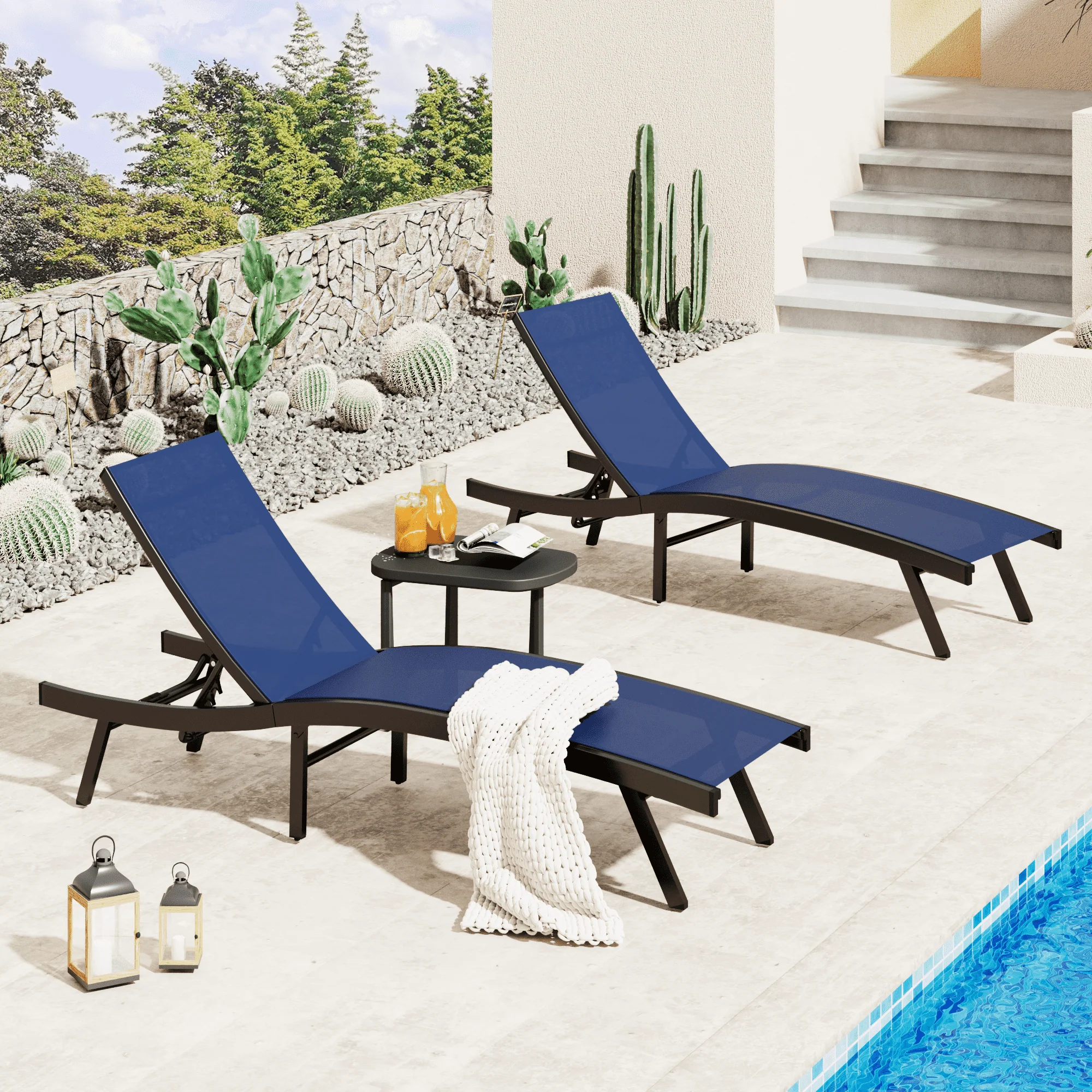 AECOJOY Outdoor Chaise Lounge, All Weather Pool Lounge Chairs Ergonomic Design (Navy, 2 PCs)