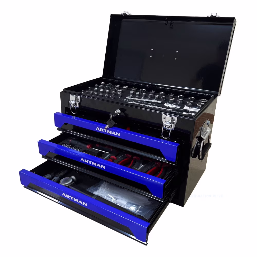 Tool Box with Tool Set, 3 Drawers Metal Toolbox Portable Tool Chest Organizer with Ball-Bearing Drawer