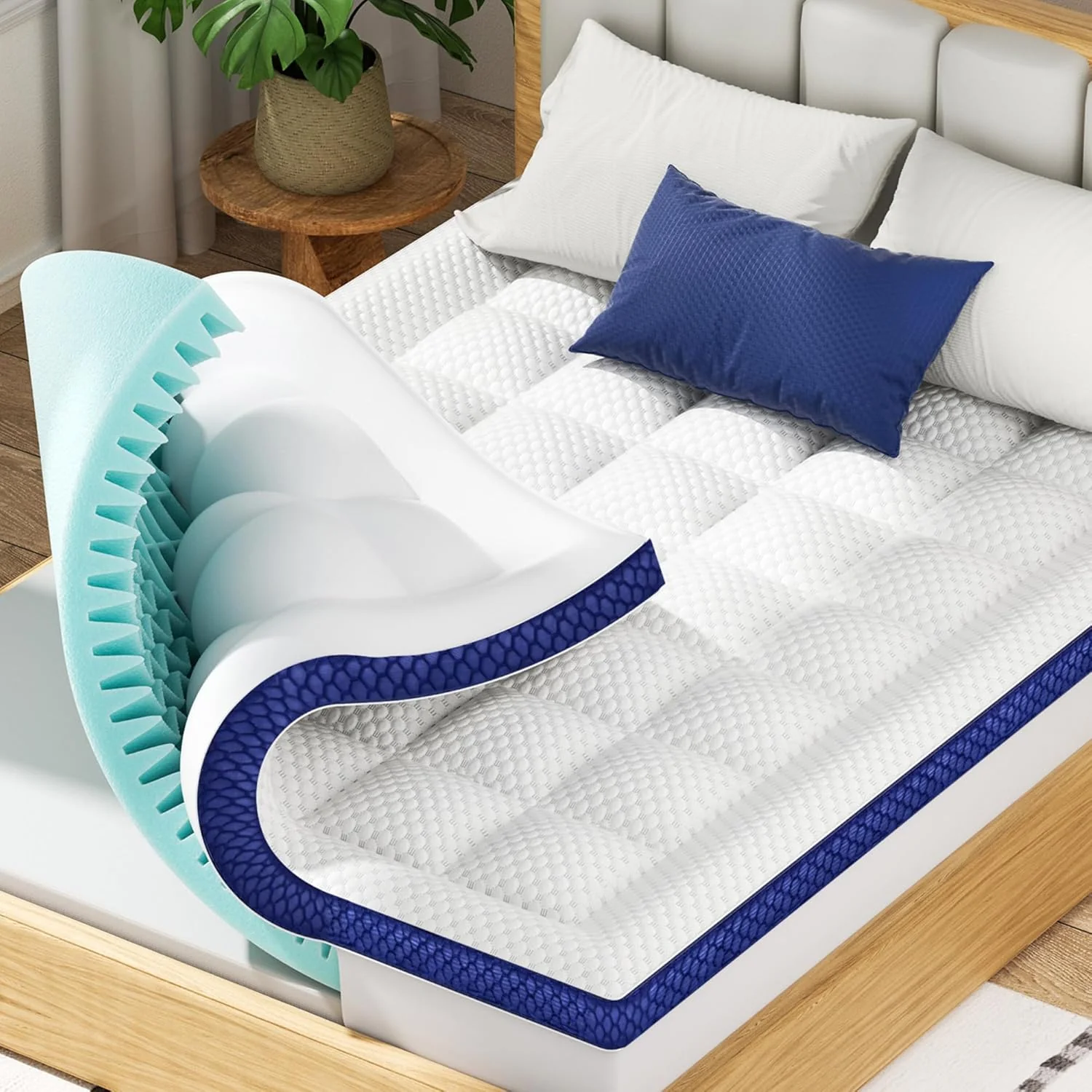Surmatelas BEDELITE King double couche en mousse à mémoire de forme de 10 cm, surmatelas de 5 cm et matelas en mousse gel premium de 5 cm, avec poches extensibles jusqu'à 15-60 cm.