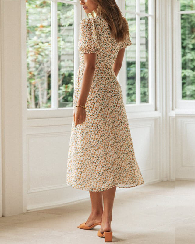 Robe fendue imprimée à manches bouffantes pour femme