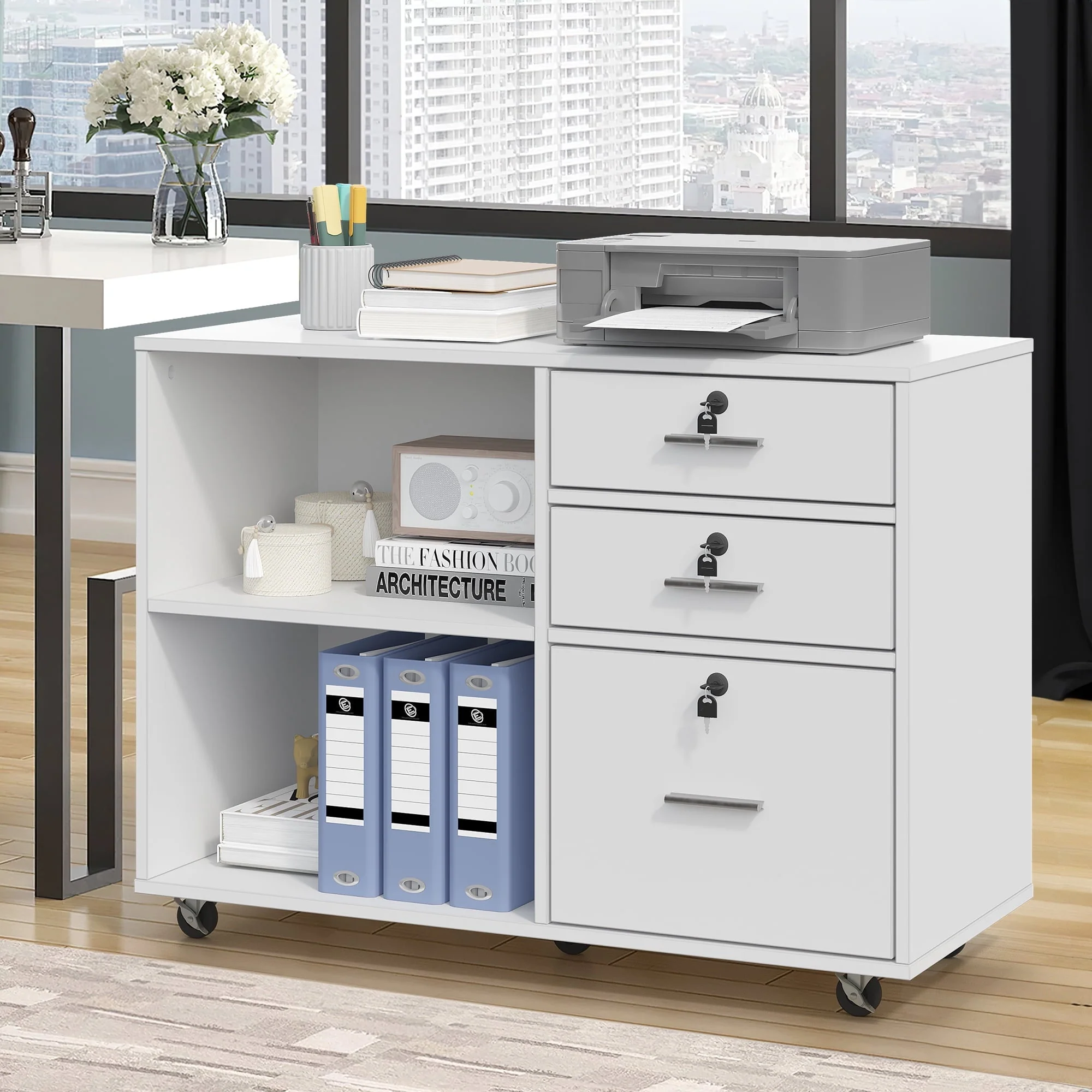 3 Drawer Wood Lateral Filing Cabinet with Locks, Printer Stand Storage File Cabinet with Shelves for Home Office, White(Black) Image 2