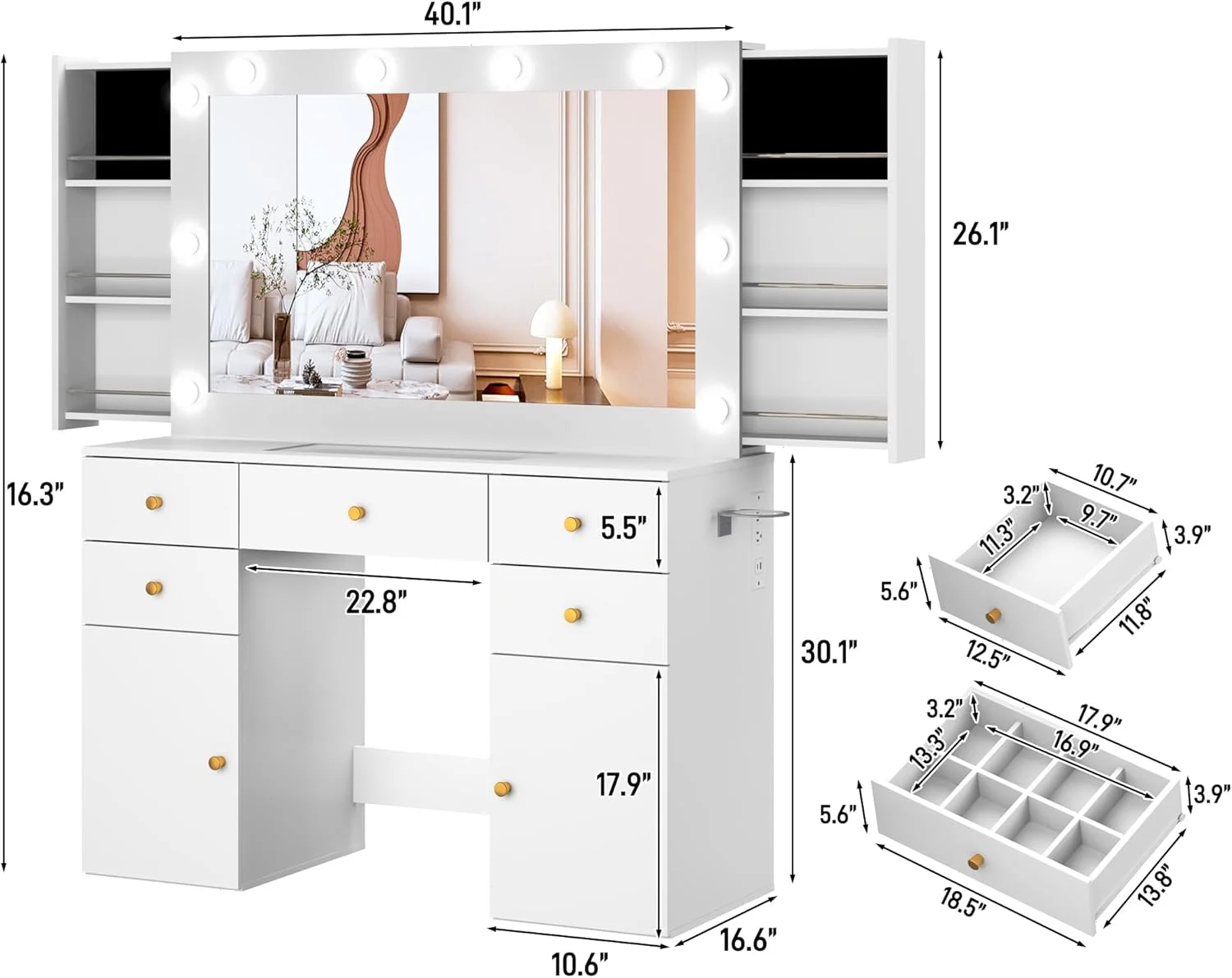 White Vanity Desk with Large Lighted Mirror Power Outlet, Makeup Vanity Table with Glass Top Drawers, Sliding Storage, 44.1" Large Makeup Vanity Table for Women Girls, White(White) - Image 10