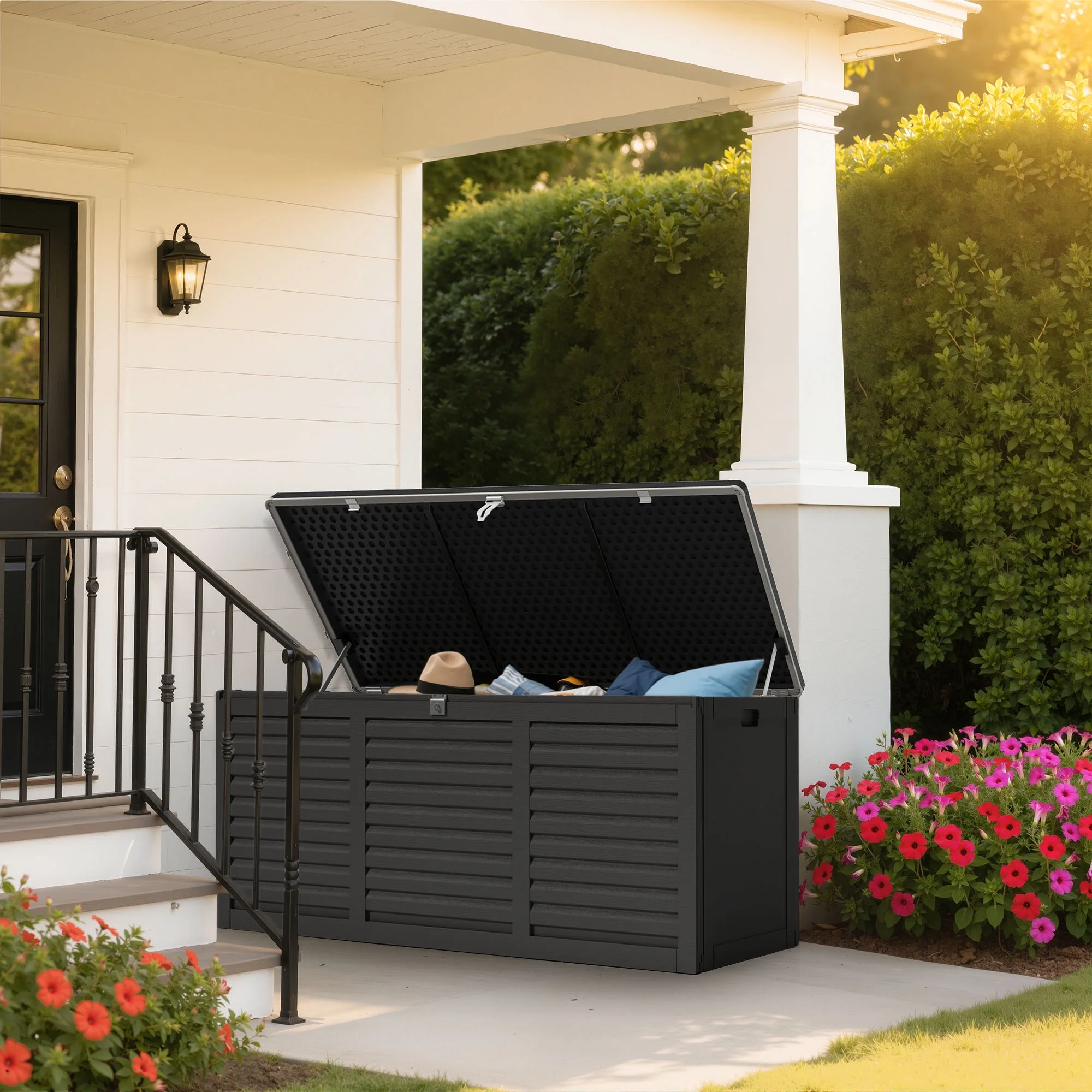 Outdoor Storage Box, 130GAL Waterproof Deck Box, Lockable Pool Patio Storage Indoor Toy Box, Outdoor Storage Bench for Porch, Max Load Weight 500LBS(130Gal-Black) - Image 9
