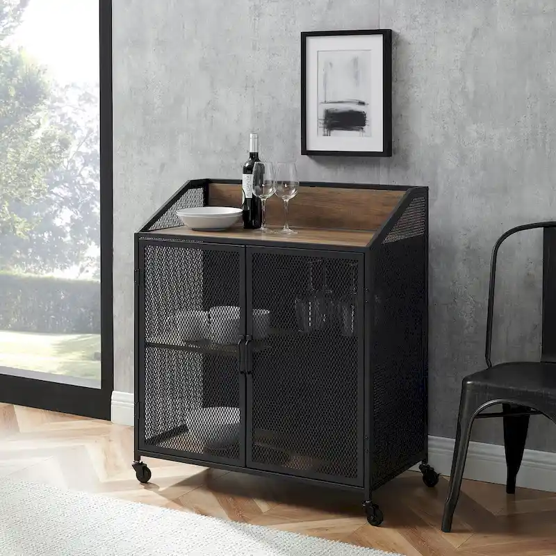 Industrial Bar Cabinet Cart with Mesh Doors Shelves and Wheels