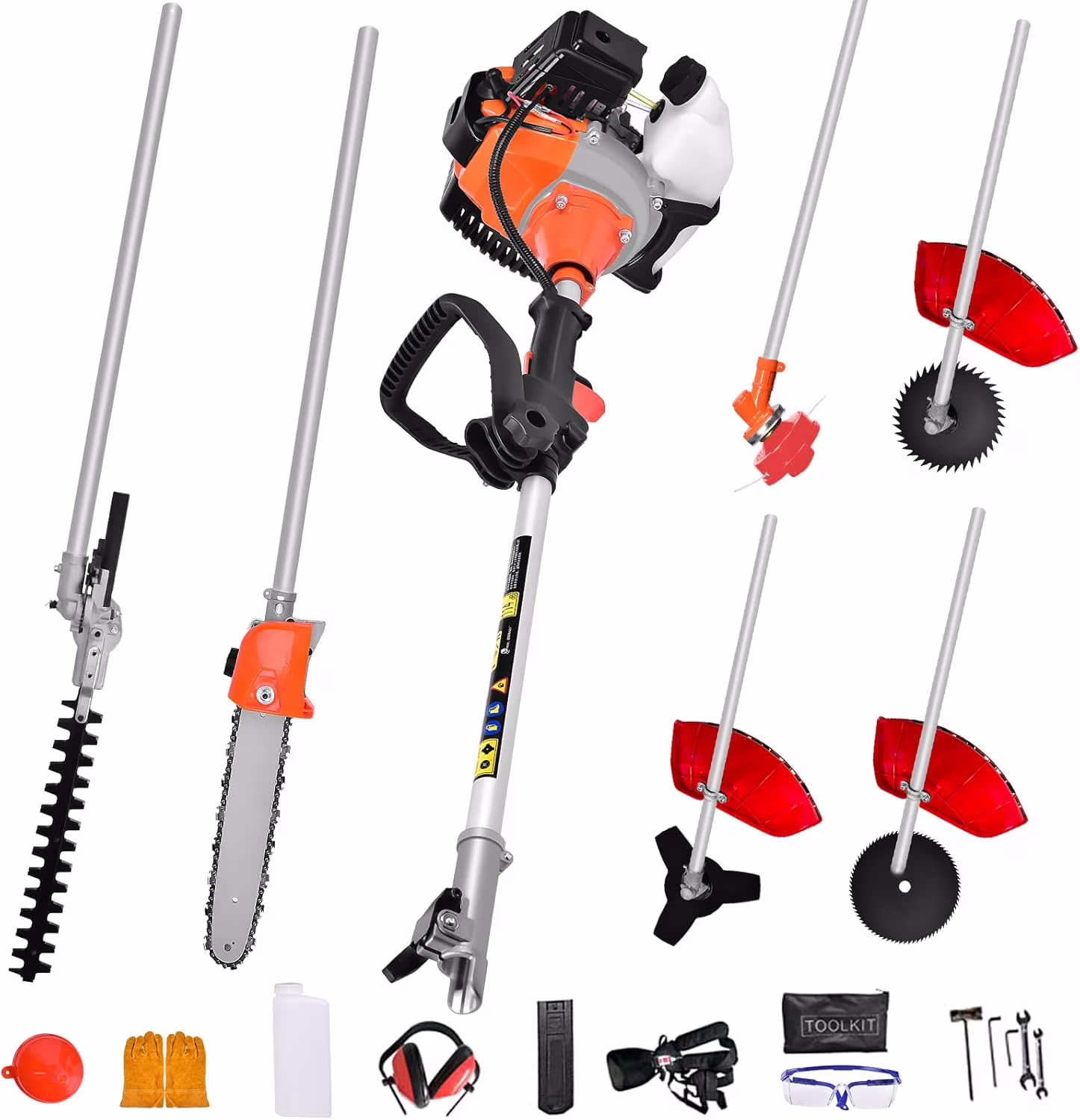 52CC Orange Gas Weed Wacker, 2-Stroke Weed Eater Gas Powered, 6-in-1 Gas Hedge Trimmer, Gas Brush Cutter, Gas String Trimmer, Pole Saw with Extension Pole