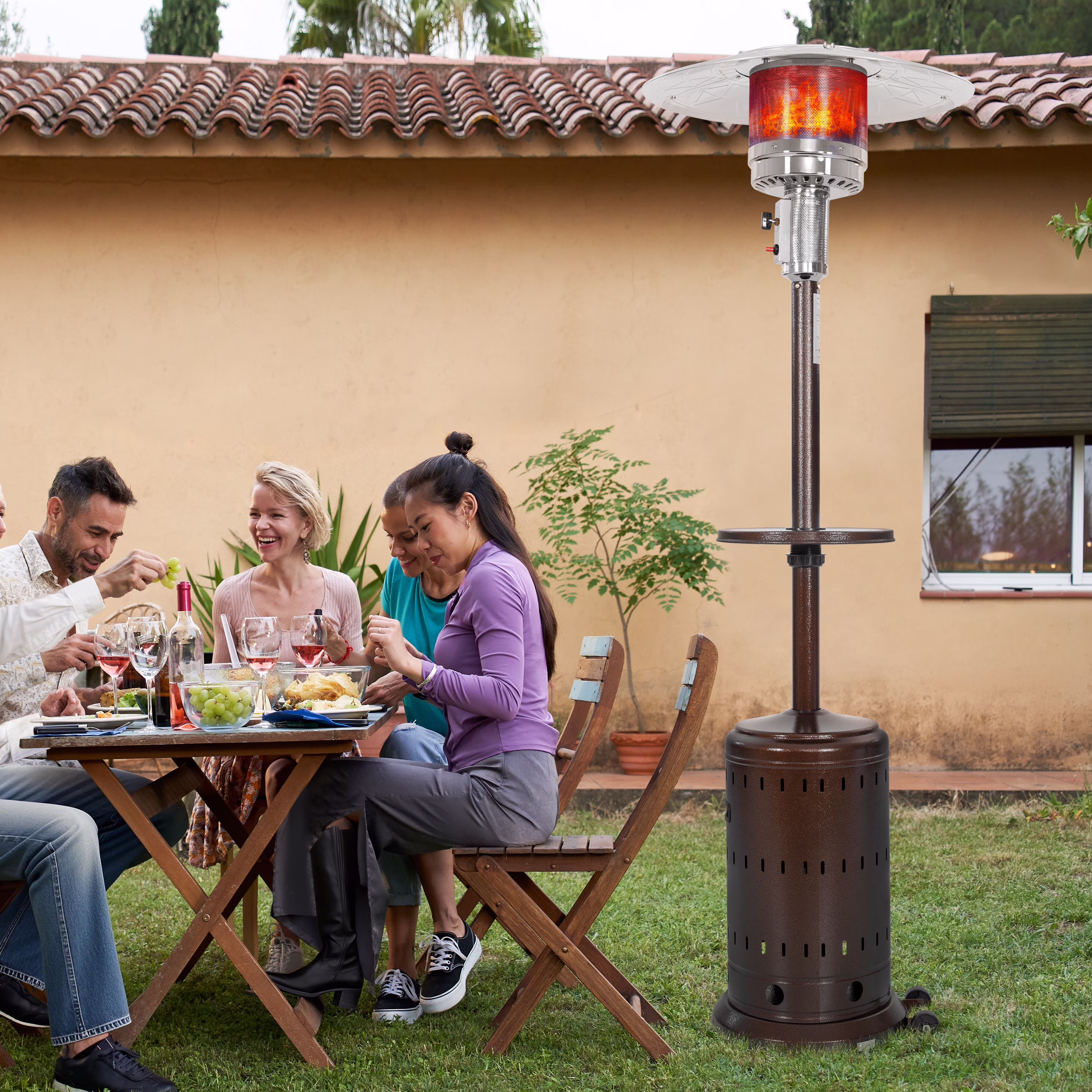 Nuu Garden Outdoor Propane Gas Patio Heater with Wheels, Patio Heater with Liftable Drink Stand for Patio, 304 Stainless Steel Burner, Backyard, Garden, Porch, Brown