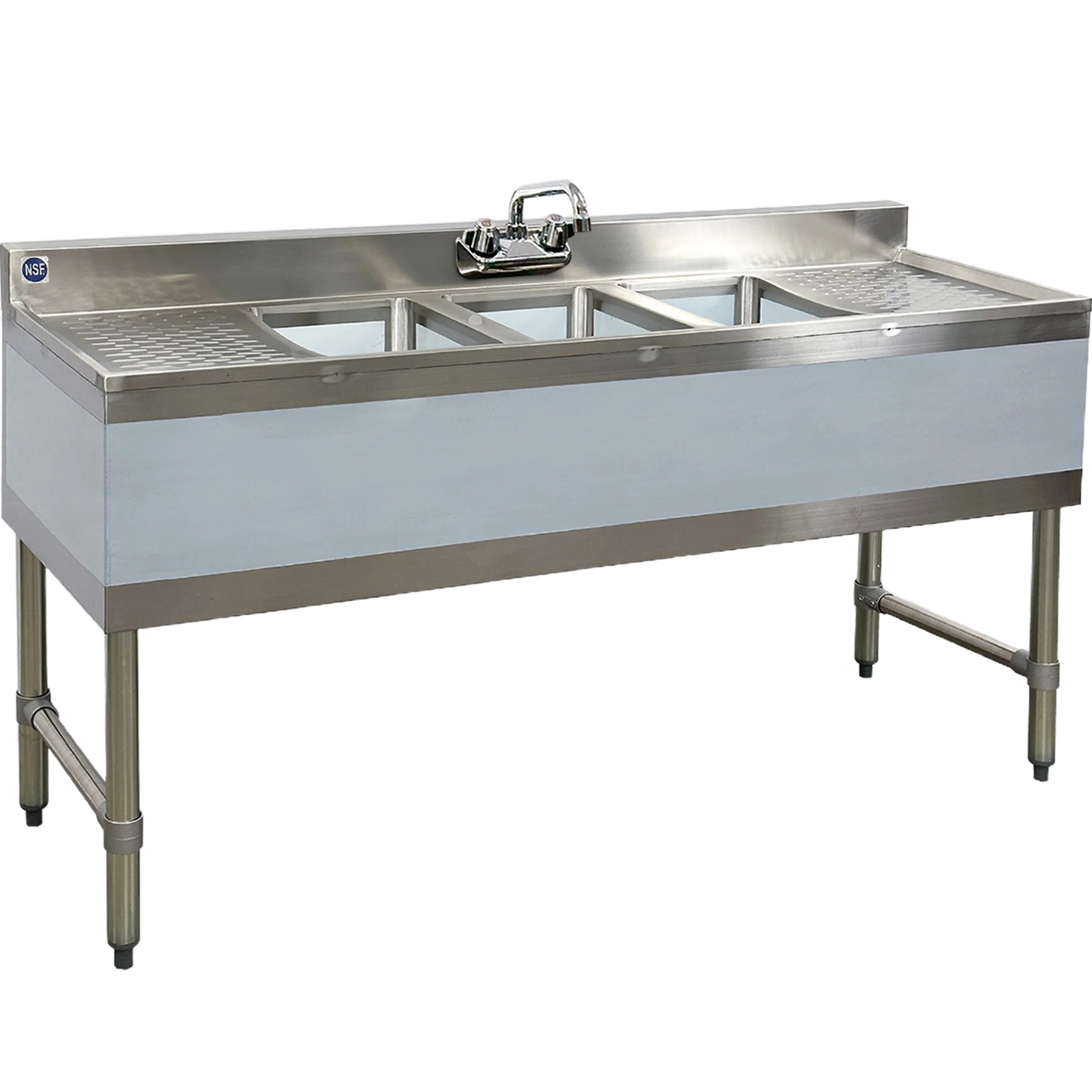 60 In. 3 Compartment Bar Sink with Faucet, NSF Commercial Sink with Drainboard 20 Gauge, Freestanding Stainless Steel Sink
