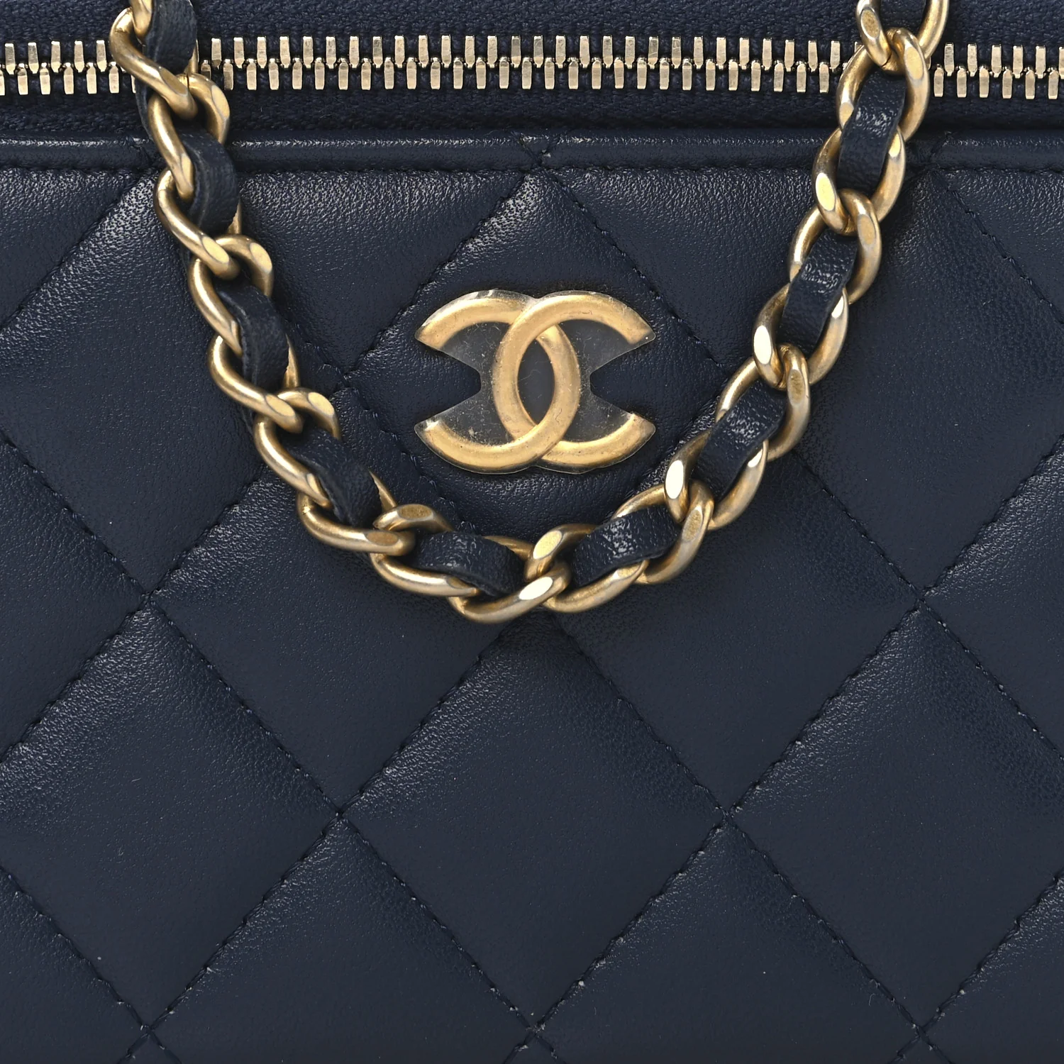 Lambskin Quilted Metal Small Top Handle Vanity Case With Chain Blue