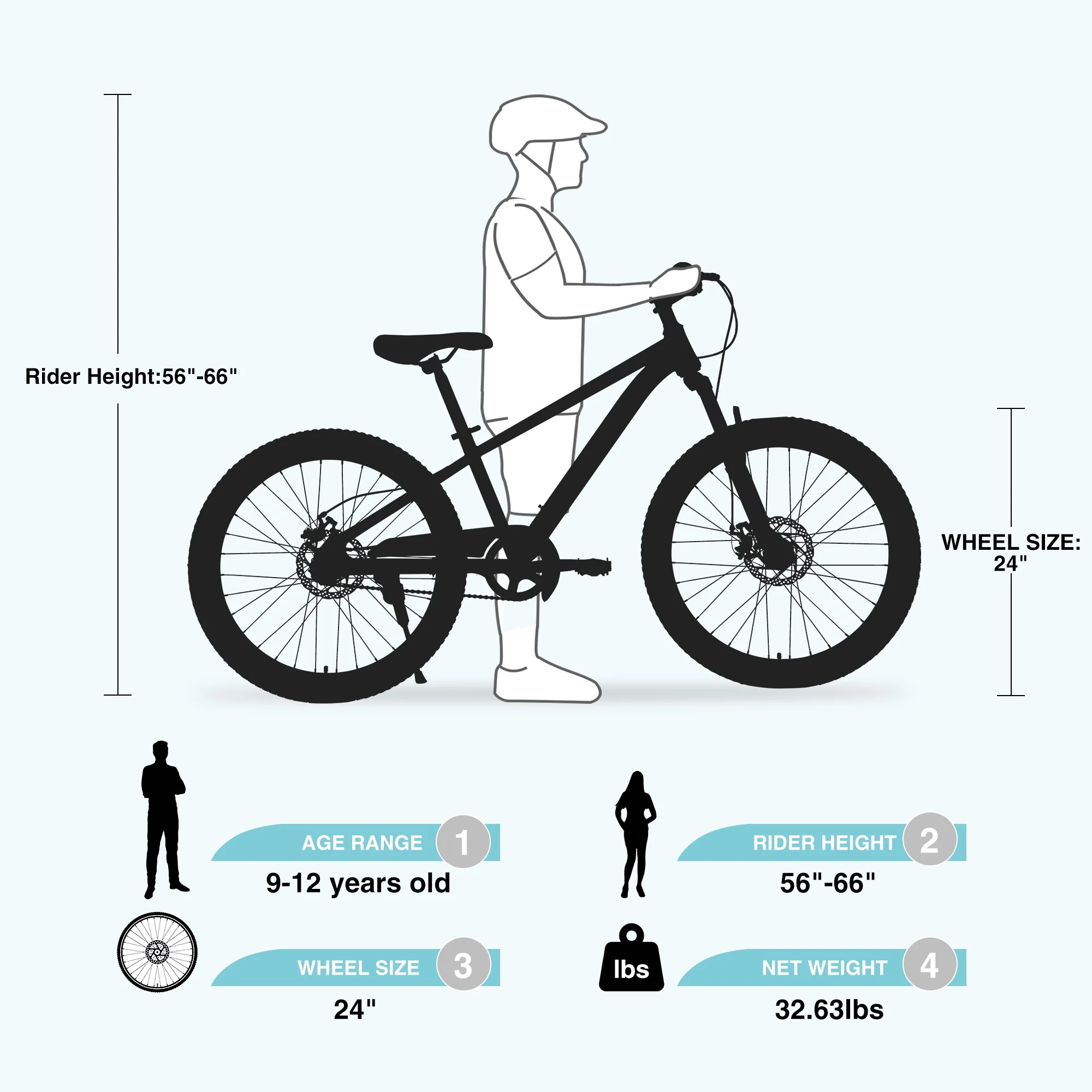 24 Inch Mountain Bike, Kids Mountain Bicycle with Front Suspension Fork and Double Disc Brake, Steel Frame Kids MTB Bike for Boys and Girls Age 9-12 Years, Cyan(Cyan) - Image 4