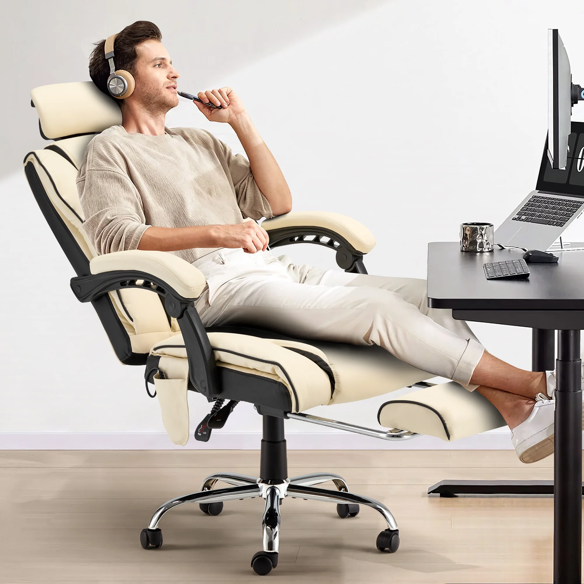 HOMREST 6 - Point Massage Office Chair with Footrest, Heated Executive Office Chair with Reclining Backrest, Ergonomic Gaming Chair with Padded Armrest, Off - White