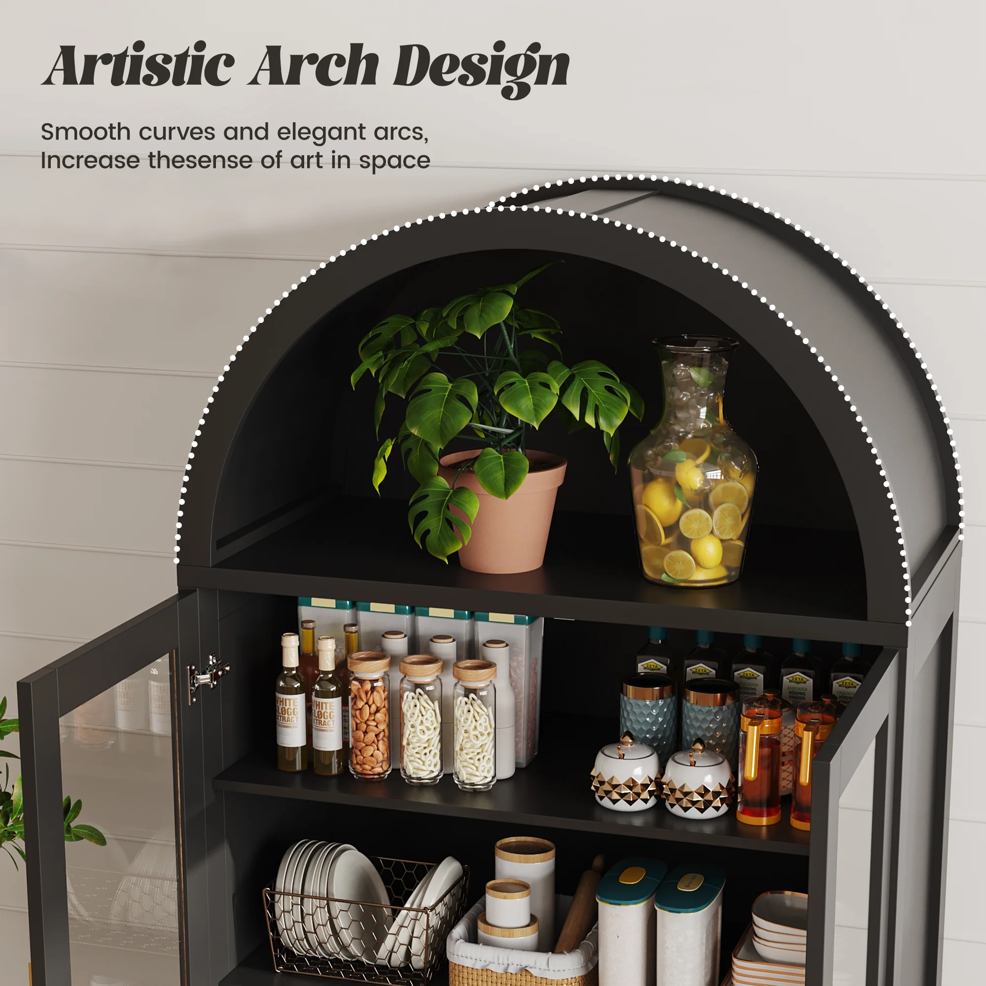 71" Tall Arch Cabinet, Wood Fluted Kitchen Kitchen Storage Cabinet with 4 Doors and 6 Shelves for Dining Room Living Room(black) - Image 6
