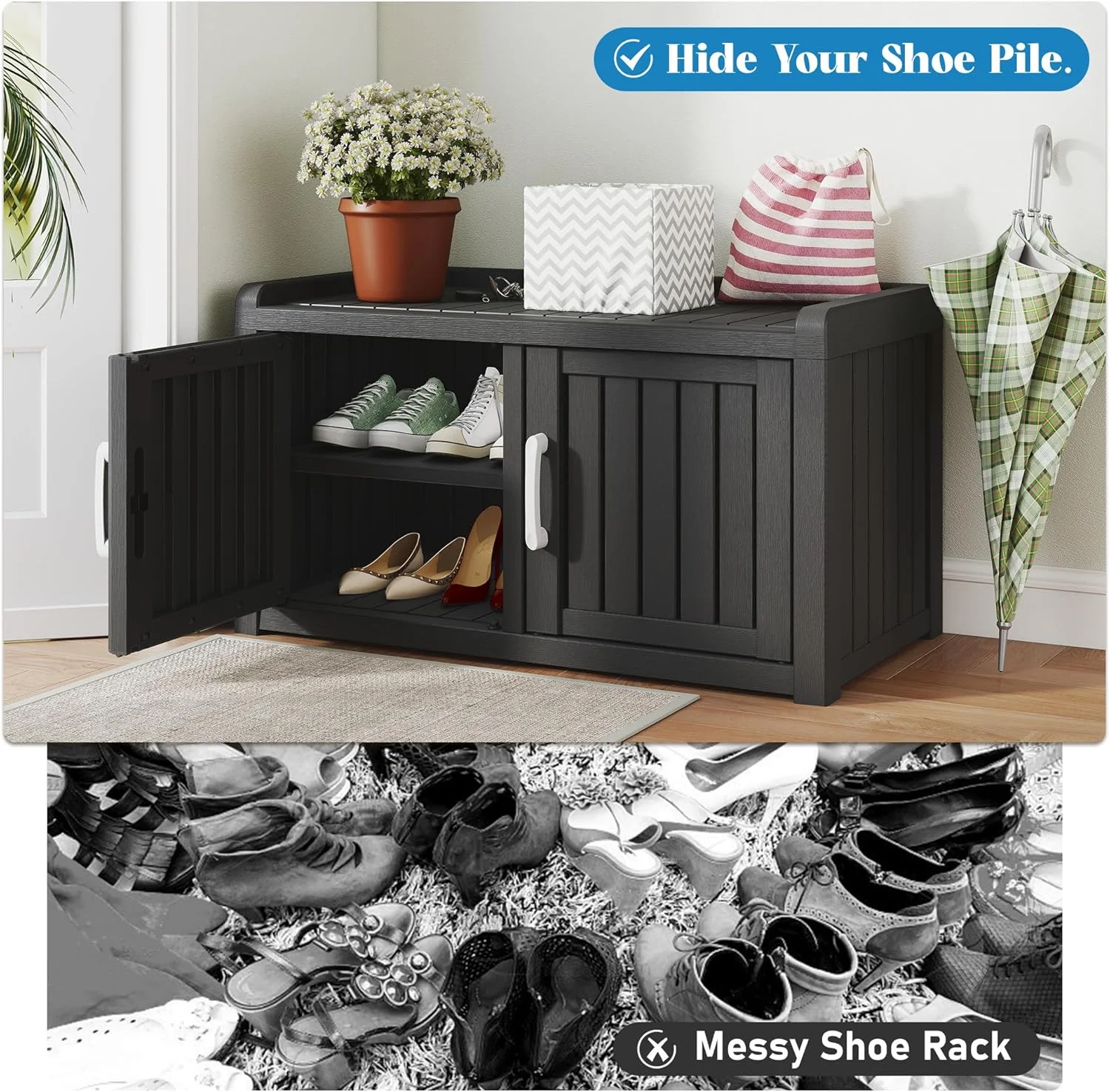 Outdoor Shoe Storage Cabinet, Waterproof UV-Resistant Entryway Storage Bench Indoor Outdoor with 2 Barn Doors, Adjustable Shelves for Entryway, Bedroom, Hallway,Living Room(Black)(Double Door/Black) - Image 9
