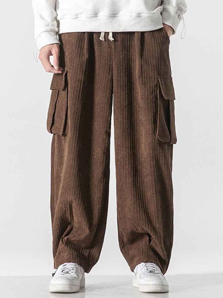 Pantalon cargo en velours côtelé coupe décontractée, ourlet à cordon de serrage