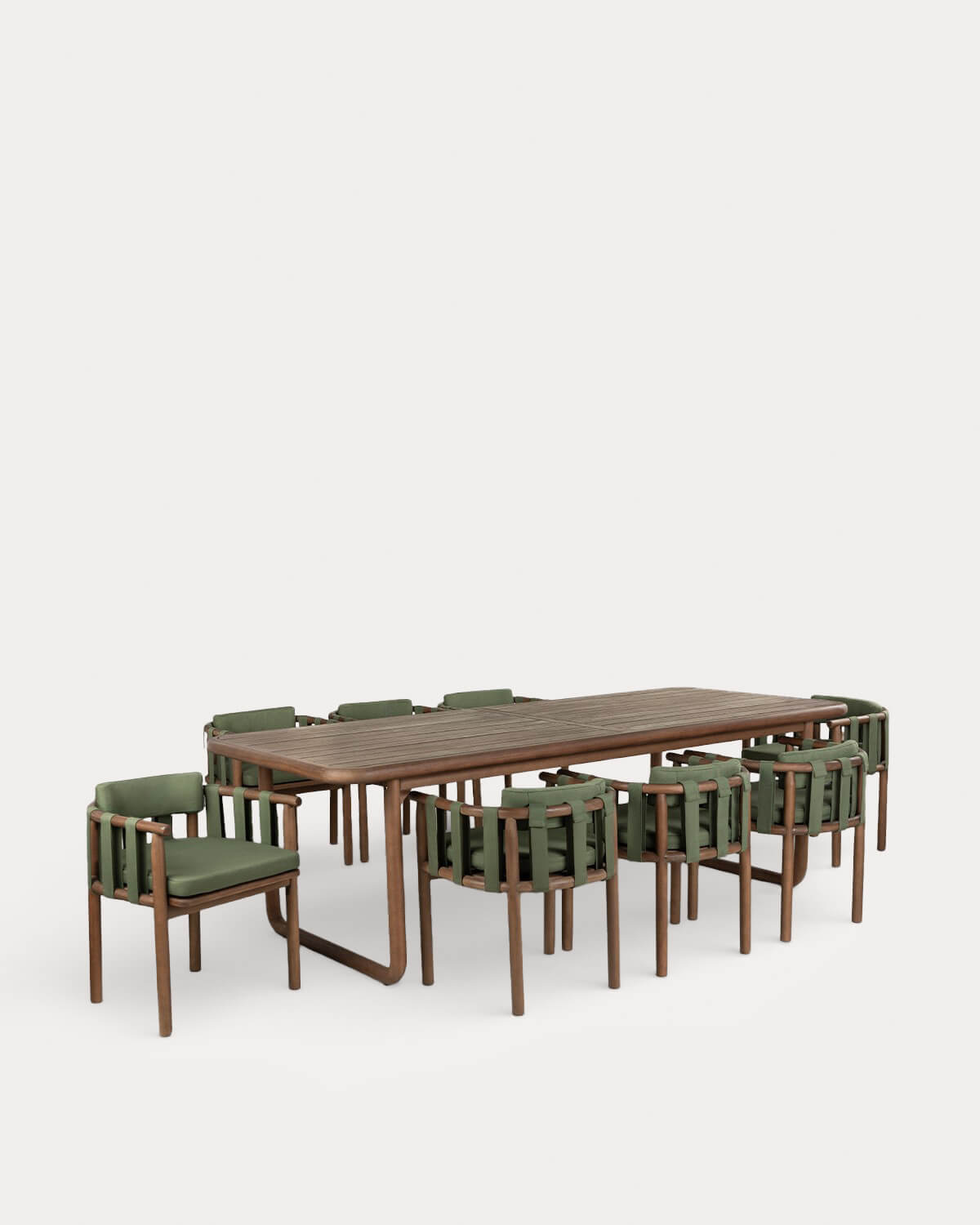 Edvard - Set de Mesa Rectangular (240x100 cm) y 8 Sillas de Madera de Eucalipto y Tela de Exterior Edvard
