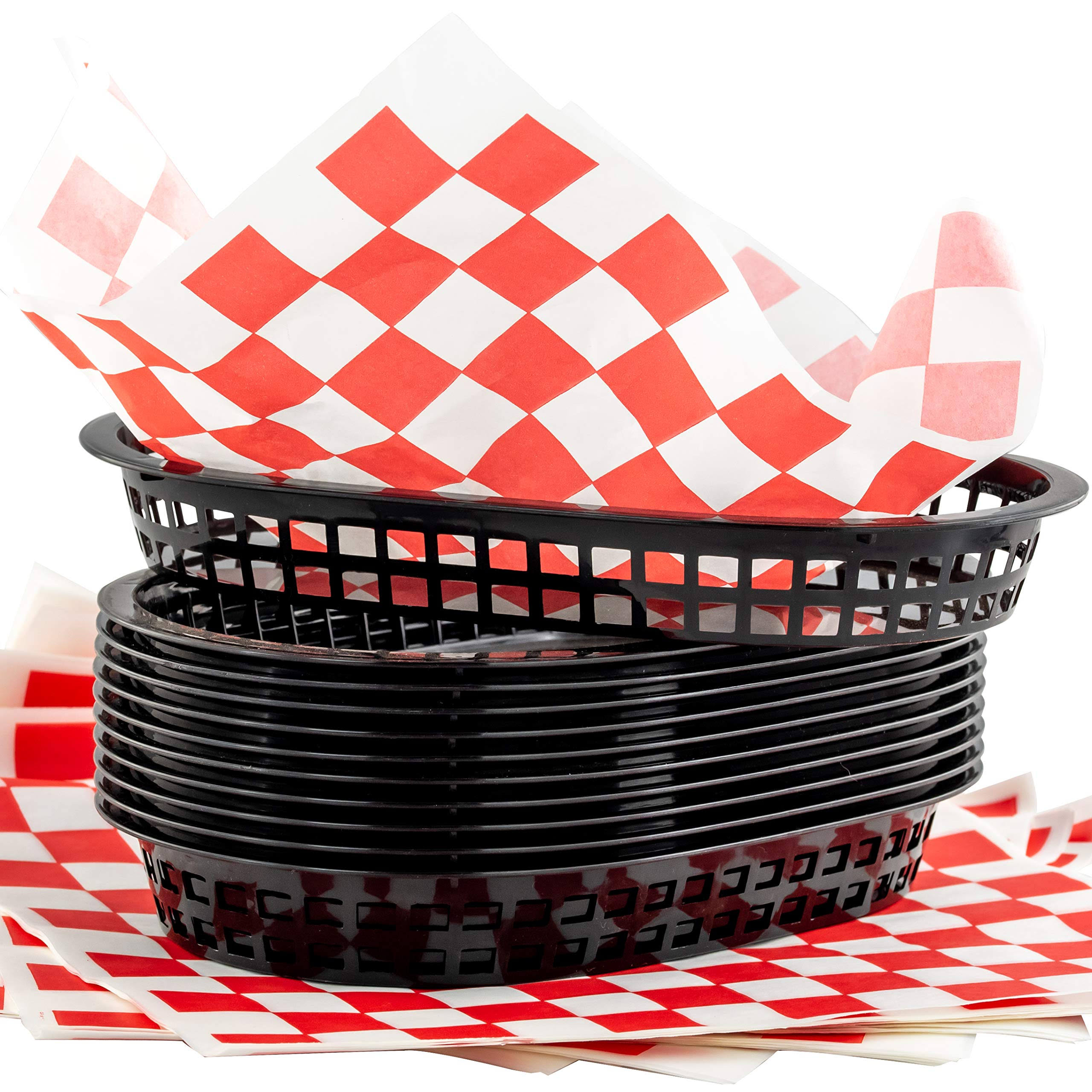 Retro Style Black Fast Food Basket (6 PK) and Red Checkered Deli Liner (60 PK) Combo. Classic 11 in Deli Baskets Are Microwavable and Dishwasher