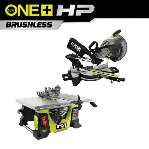 ONE+ HP 18V Brushless Cordless 2-Tool Combo Kit with Miter Saw and Compact Portable Jobsite Table Saw (Tools Only)-Instock