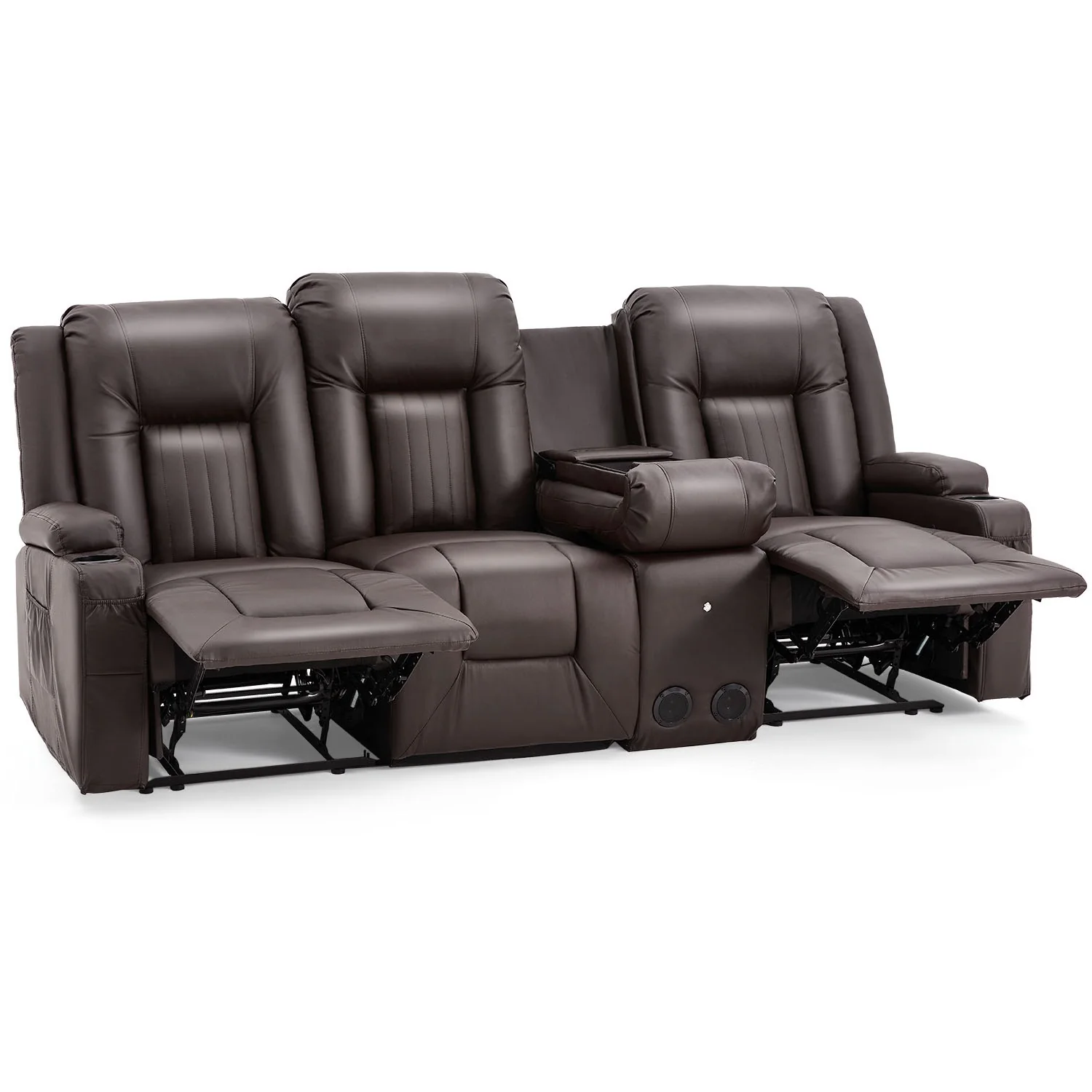 AECOJOY 3 Seater Recliner Sofa with Console&Bluetooth Speakers, Manual RV Sofa Couch, Brown
