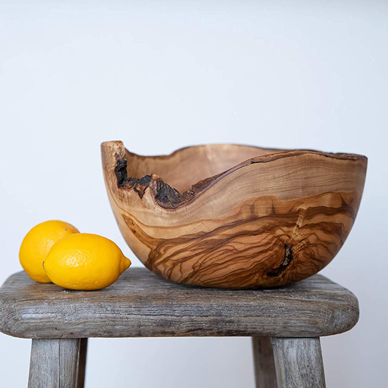 Olive Wood Rustic Fruit Bowl, 9 Inch Wide Olive Wood with Burled Grain and Semi Bark Edge