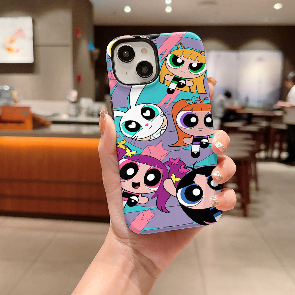 Multi-cartoon character white rabbit and star stripe collage pattern phone case, two-in-one glossy film material, compatible with all iPhone models 11 12 13 14 15 16 17 Pro Max - wanlinfang