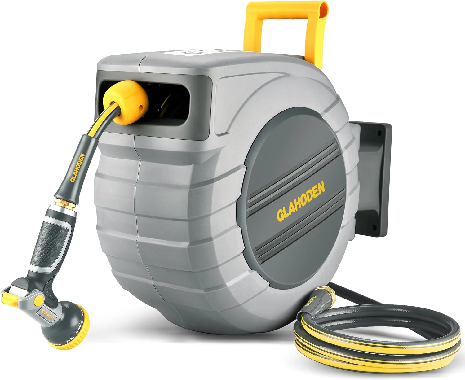 Retractable Garden Hose Reel - 1/2 in x 140 ft Upgraded UV Resistant Automatic Wall Mounted Water Hose Reel 3/4 in Brass Fitting 9 Pattern Nozzle Any Length Lock Slow Retraction 180° Swivel