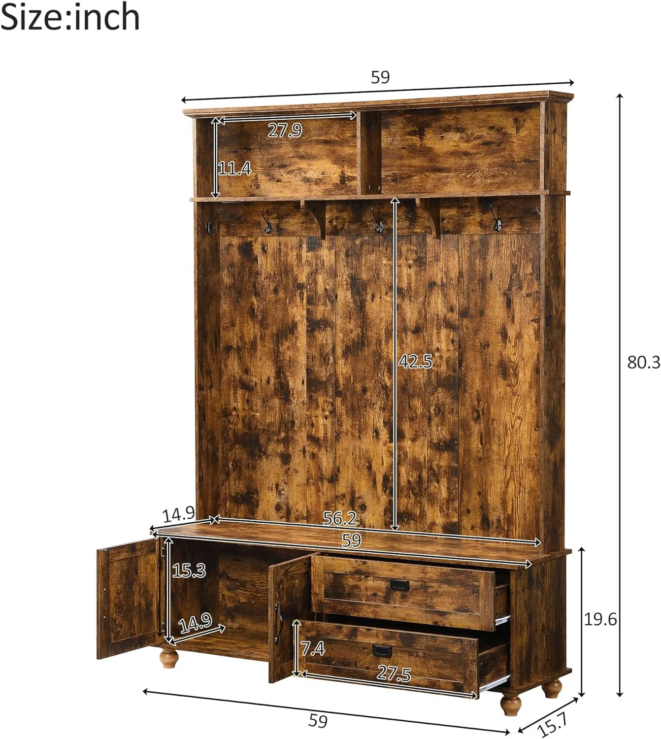 2025 New Hall Tree with 2 Large Drawers and Storage Cabinet, Coat Rack Set with Shoe Bench, Widen Mudroom Bench with 5 Coat Hooks, Hallway Shoe Cabinet for Hallway(Brown)