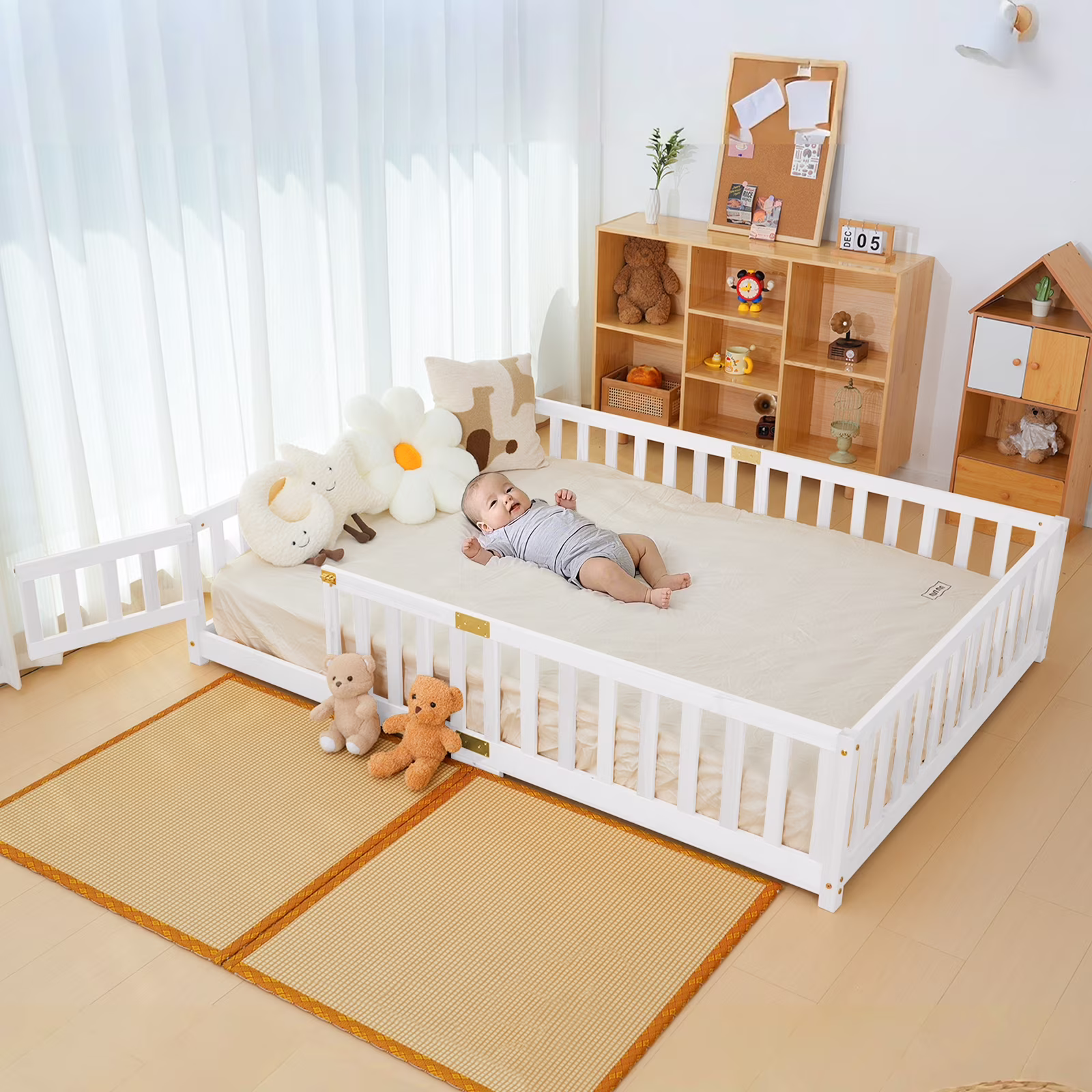 Twin Size Toddler Floor Bed, Solid Wood Montessori Bed Frame with Fence Door Montessori Floor Bed Crib with Safety Guardrails for Girls and Boys(White Twin) - Image 3