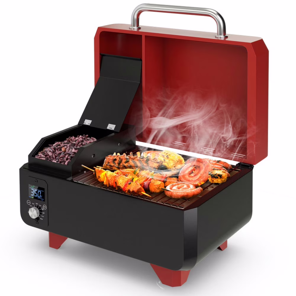Aimee Lii Outdoor Portable Tabletop Pellet Grill and Smoker with Digital Control System for BBQ, BBQ Grill for Outdoor Cooking Kitchen, Garden and Patio Backyard Barbecue-Red