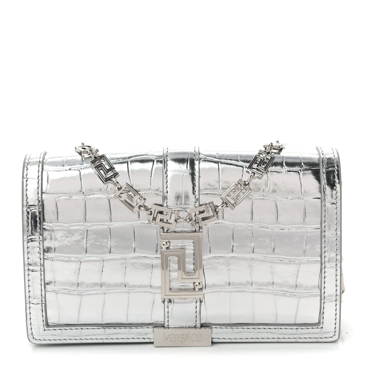 Metallic Crocodile Embossed Calfskin Greca Goddess Wallet On Chain Silver