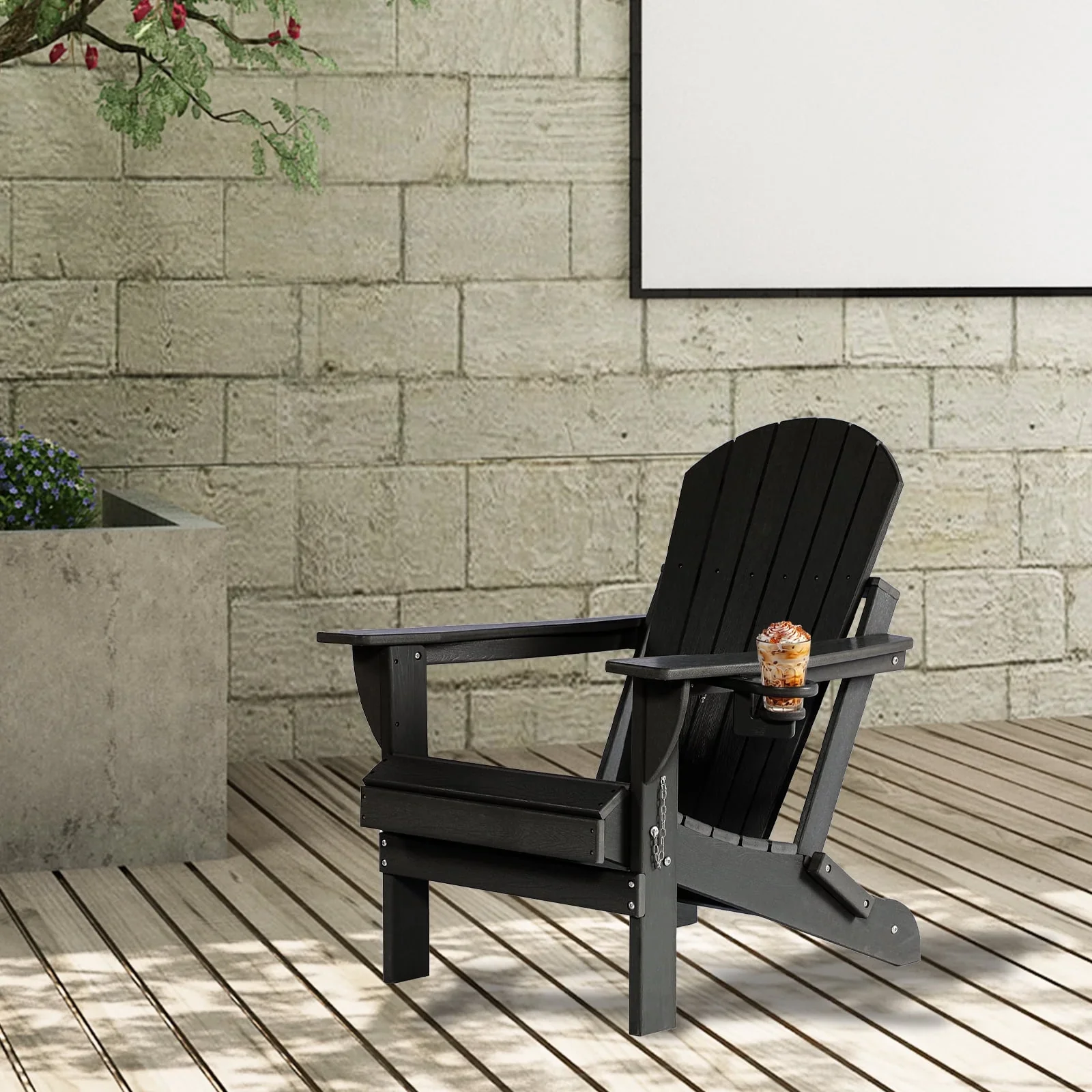 Withniture Folding Adirondack Chairs with Cup Holder, HDPE Adirondack Wood Textured Chairs for Terrace, Lawn, Garden, Backyard Deck(Black)