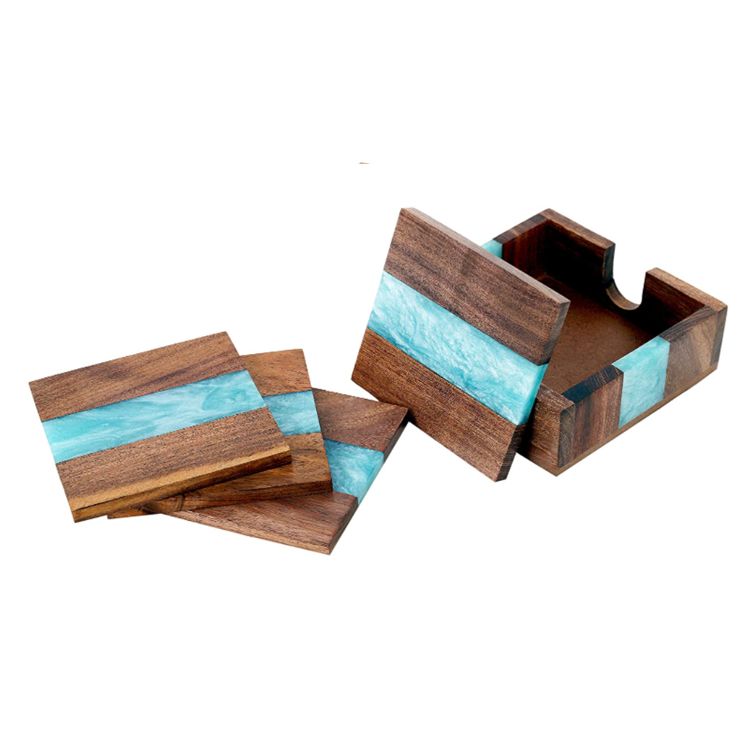 Olive Wood Square Coasters with Epoxy Resin River Design Eco-Friendly Europe Style Wood Resin Set