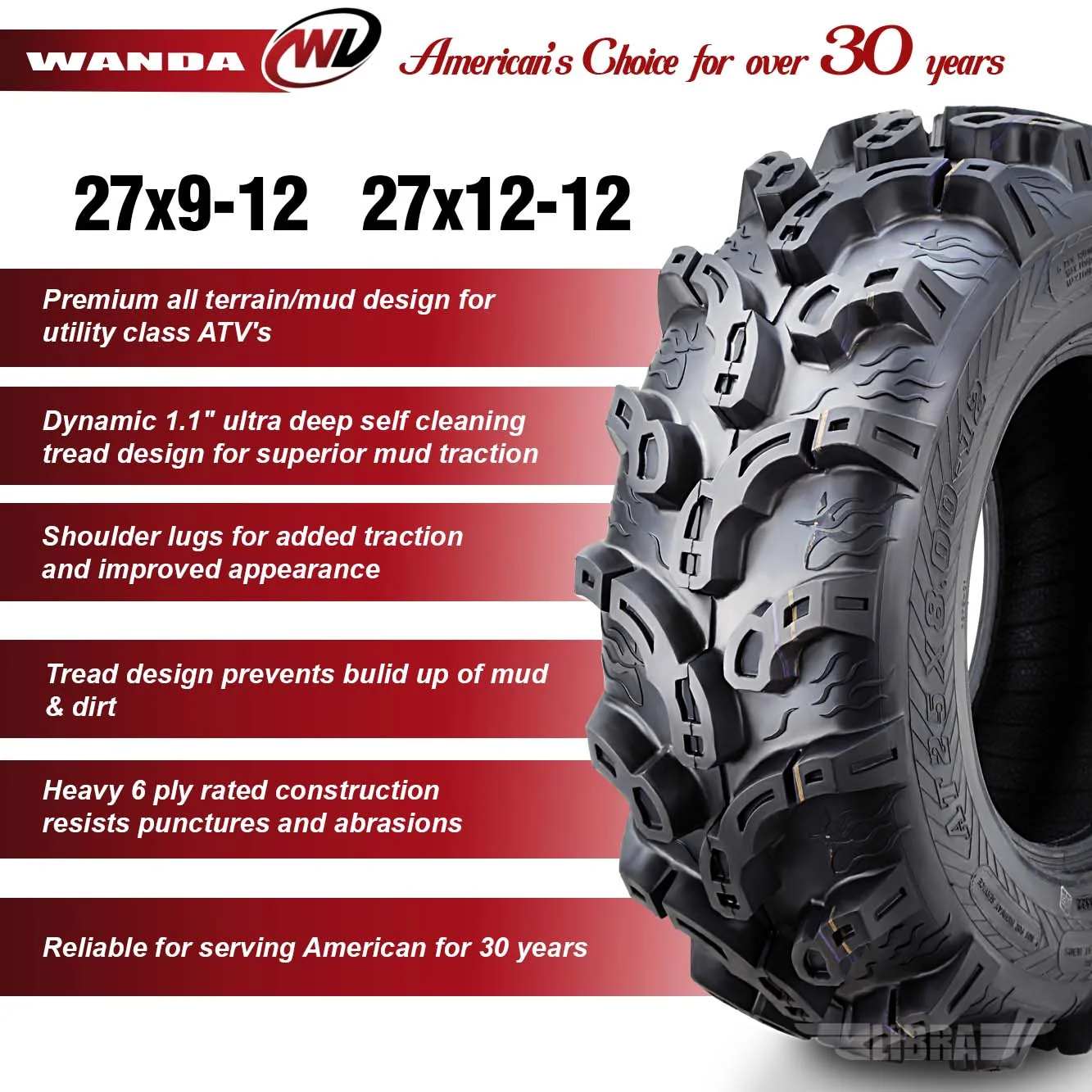Set 4 27x9 - 12 & 27x12 - 12 Super Mud ATV Tires for 2014 Polaris RZR 900 Orange/Red