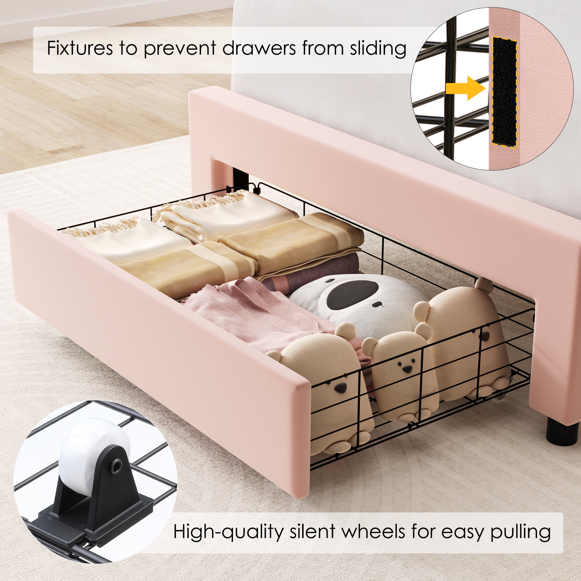 Twin Bed Frame with Storage LED Light, Velvet Upholstered Platform Twin Bed with Adjustable Petal Headboard, Beige(Twin/Beige) - Image 8