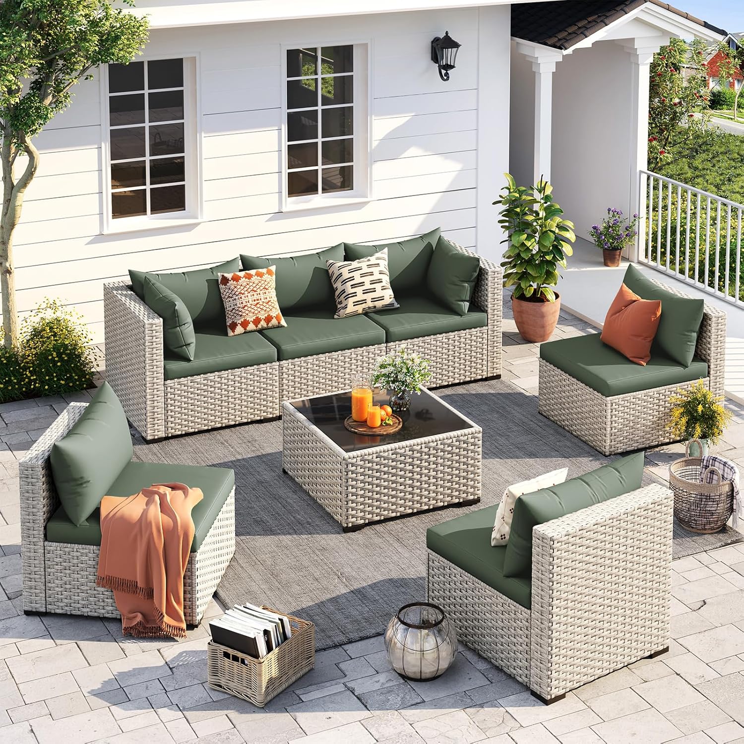 Ensemble de mobilier de jardin UDPATIO 7 pièces, canapé d'angle en résine tressée PE, ensemble de conversation extérieur