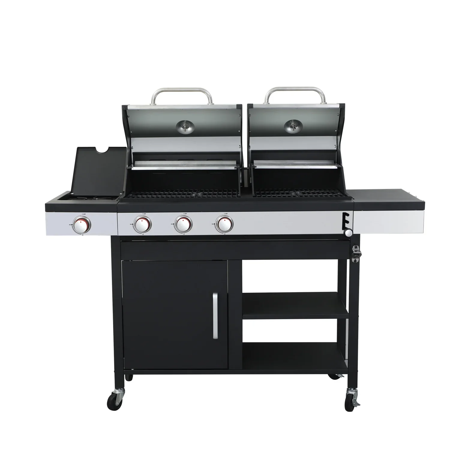 HighSound 3 Burner BBQ Propane Gas Grill, Stainless Steel 25650 BTU Patio Garden Barbecue Grill with Wire Enamel Cooking Grids & Foldable Shelves, Black