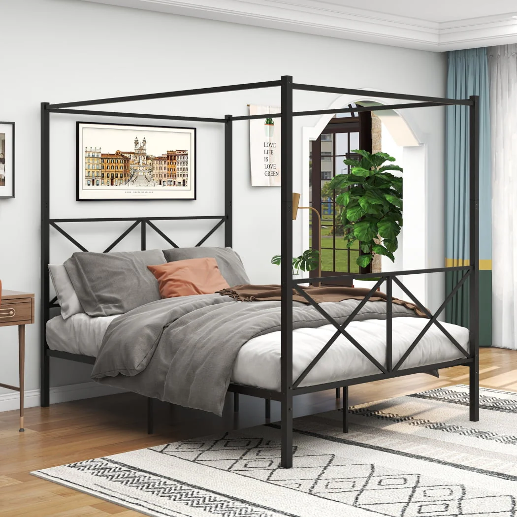 Queen Size Metal Canopy Bed Frame, Four Poster Platform Bed Frame with X Shaped Headboard and Footboard,Bed Mattress Foundation with Sturdy Metal Slat Support Image 7