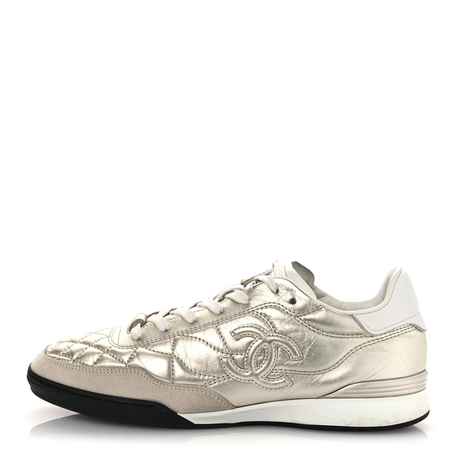 Laminated Calfskin Suede Quilted Womens CC Sneakers 39 Silver White