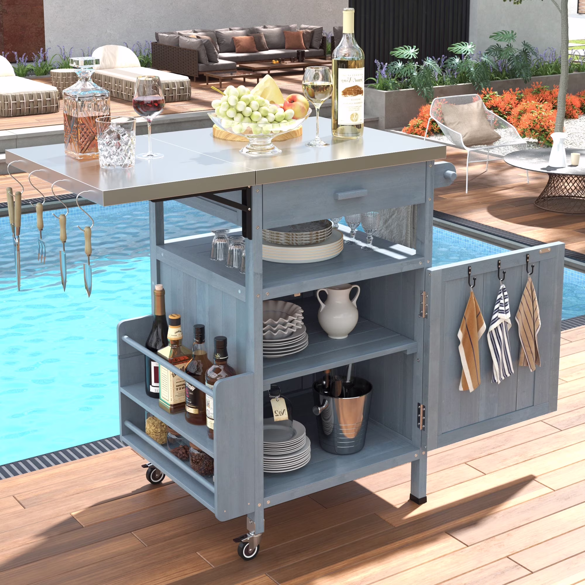 Outdoor Serving Cart Kitchen Island Solid Wood Mobile Rolling Bar Cart with Lockable Wheels, Rack and Stainless Steel Top Beverage Storage Counter Table with Cabinet for Patio, Natural(Natural/Style 1) - Image 5