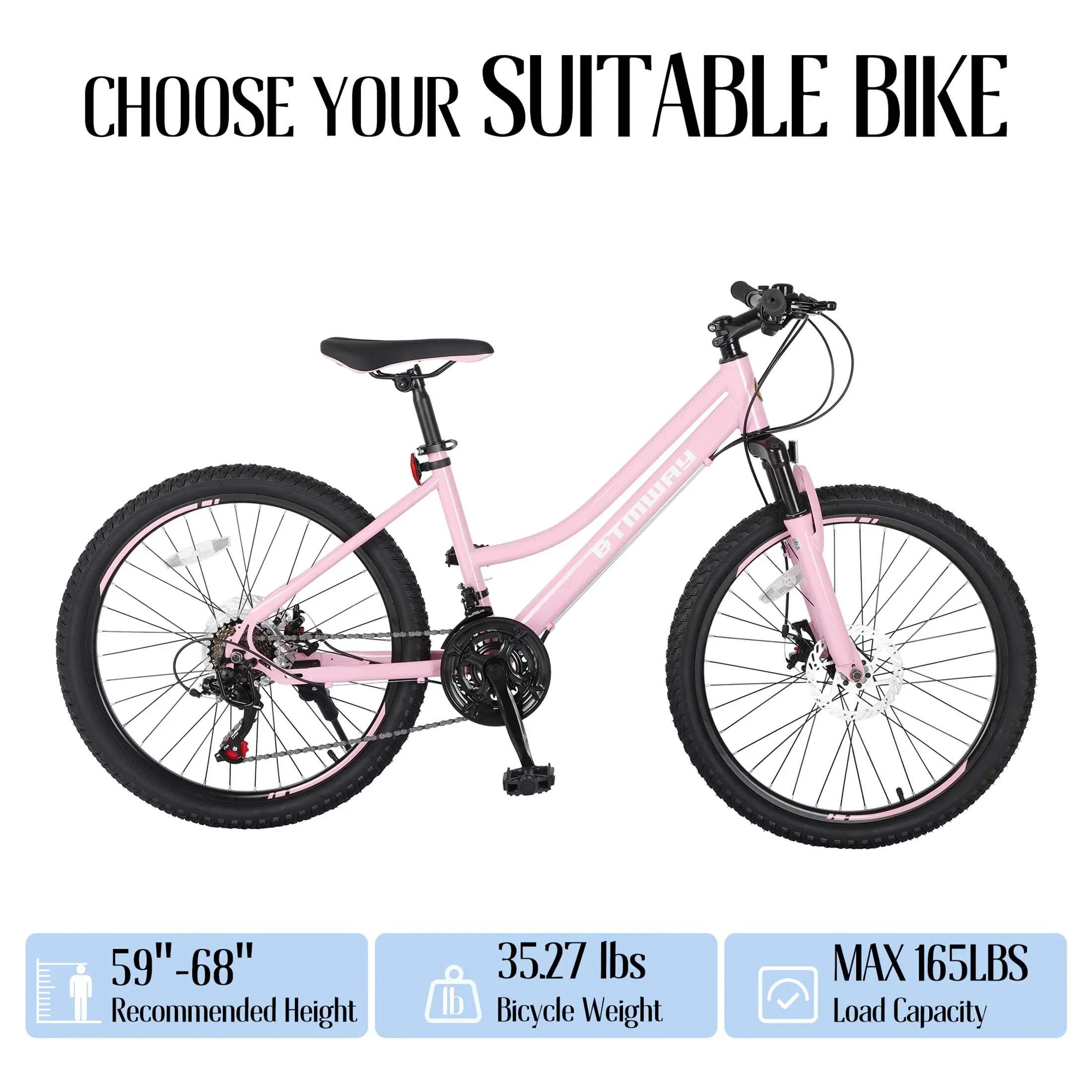 iRerts 24 Inch Mountain Bike, Shimano 21 Speed Mens Mountain Bike, Gear MTB Mens Bicycle with Dual Disc Brakes and Front Suspension, Pink