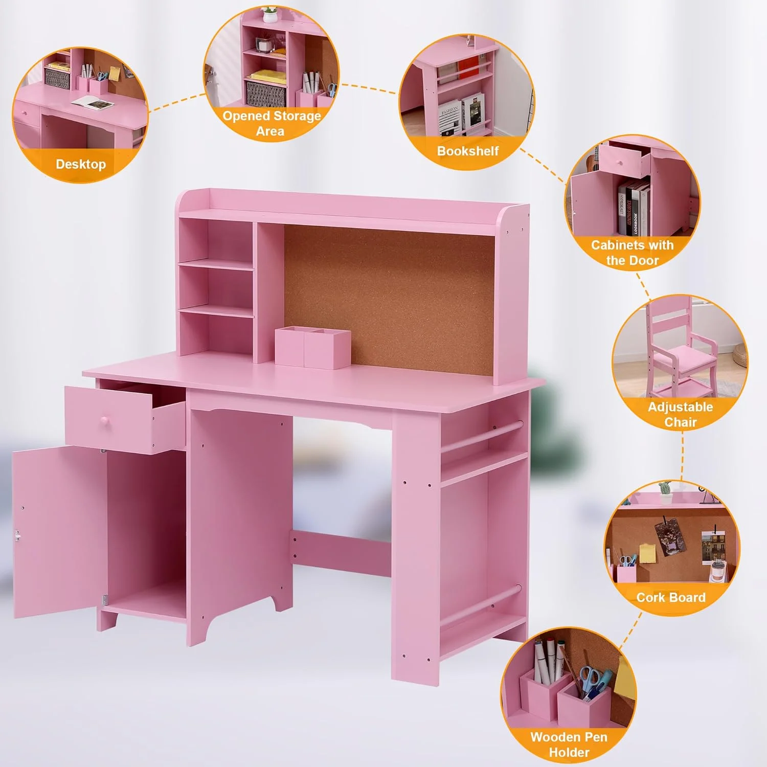 Kids Desk and Chair Set, Study Table with Storage Shelf, Bulletin Board, Children School Learning Desk Set, Writing Table for Boys and Girls, Pink