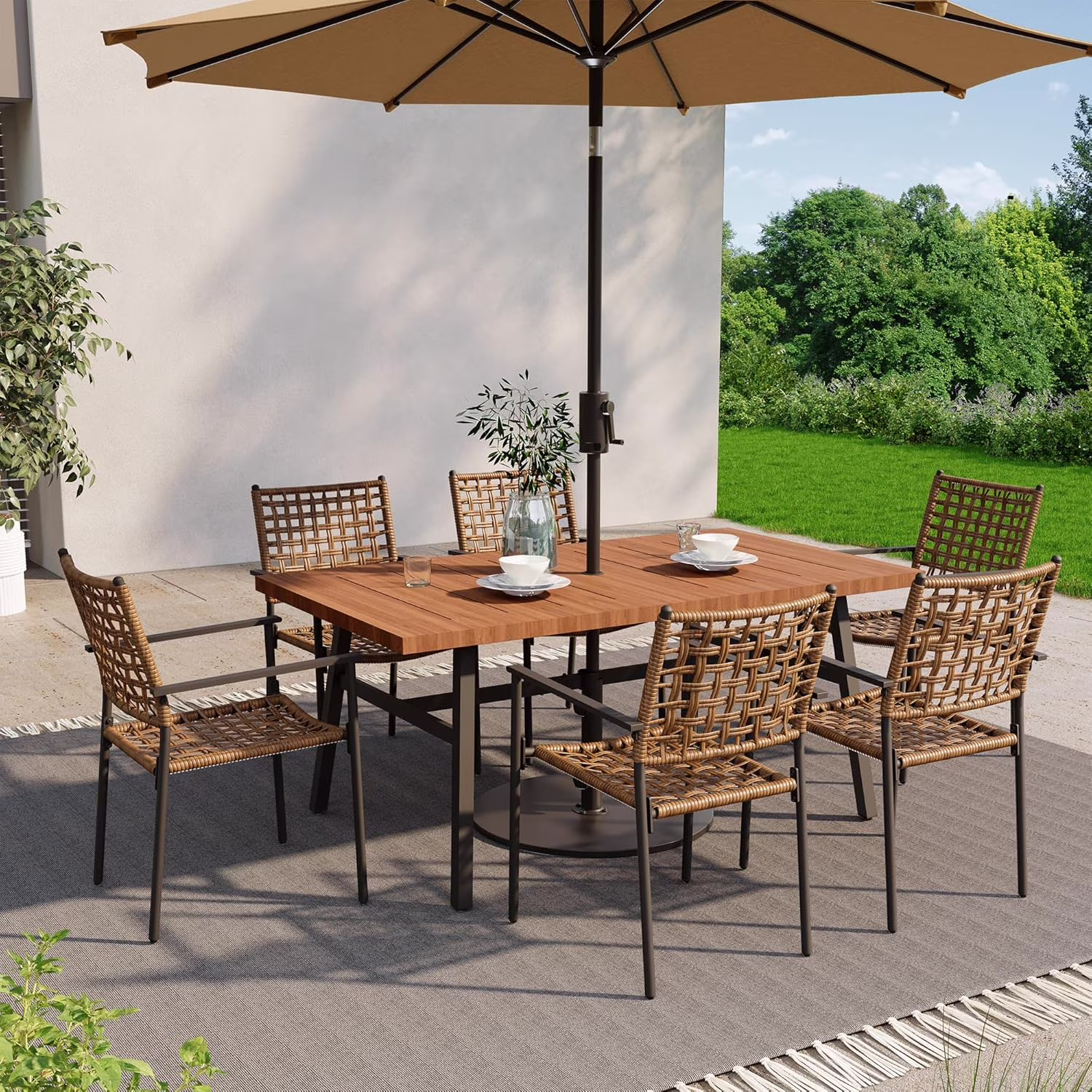 LAUSAINT HOME 7-Piece Outdoor Patio Dining Set, Rattan Chair and Wood-Grain Table, All-Weather Furniture for Garden or Backyard