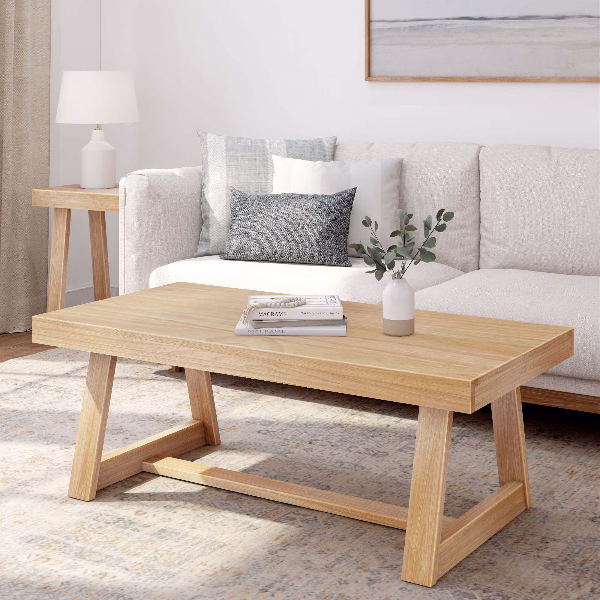 Farmhouse Coffee Table, 48" Solid Wood Tables for Living Room, Rectangular Center Table(White Sand Wirebrush) - Image 5